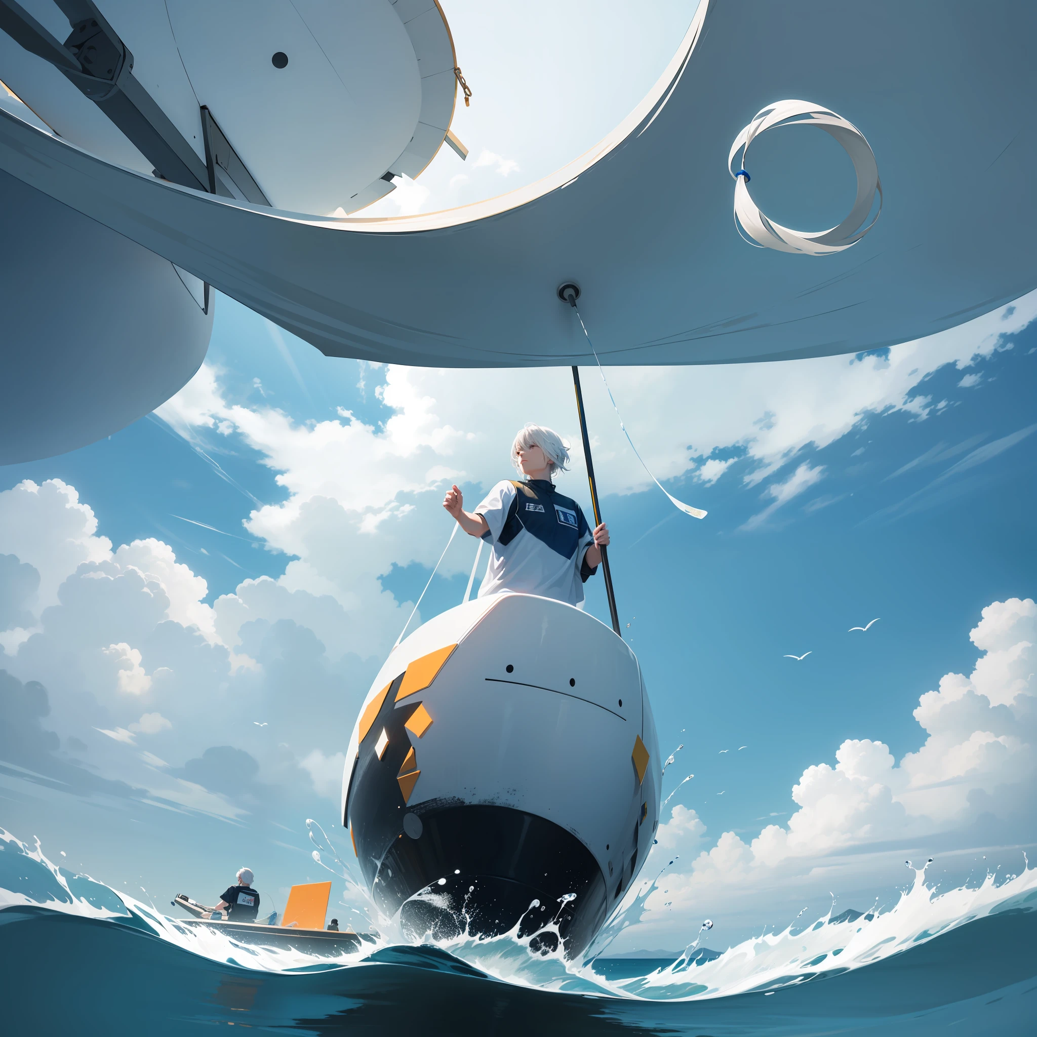 White-haired men floating on the water, minimalist, large
area of blue, animation art style, palette bright, OShare
Kei, dark white and amber, loose strokes, dark white and light sky blue, Senqi, precision painting, Traincore, KoreaWave--ar 4:3--s400