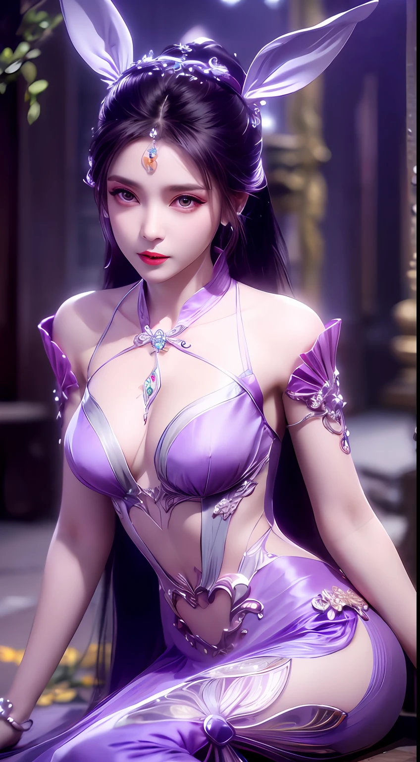 1 very beautiful girl in hanfu dress, thin purple silk shirt with many white motifs, white lace top, long bangs and long ponytail in purple platinum, gorgeous hair jewelry, pretty face and cute, flawless face, earring jewelry, light purple bunny ears, neck jewelry, big purple eyes drawn meticulously, meticulous makeup, thin eyebrows, high nose, red lips pretty, no smile, pursed lips, rosy cheeks, wide breasts, big breasts, well-proportioned bust, slim waist, purple mesh socks, Chinese hanfu style, fictional art patterns, vivid colors and legs real , RAW photo, realistic photo, ultra high quality 8k surreal photo, (fantasy light effect: 1.8), 10x pixels, magic effect (background): 1.8), super detailed eyes , beautiful girl upper body portrait, girl alone, ancient hanfu background, looking directly at the audience, wide original photo, 8k quality, super sharp, most detailed and clear picture, detailed light background,