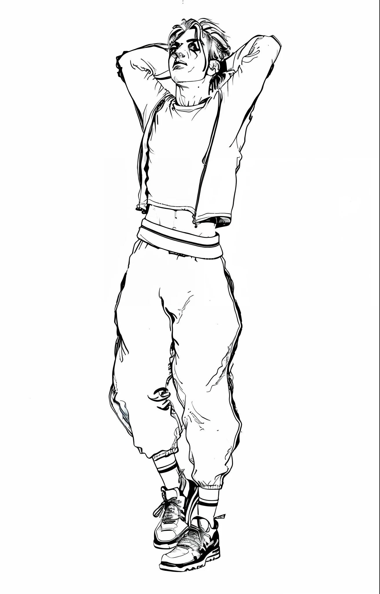 a drawing of an Asian man , design de roupa clara, desenho de caracteres de corpo inteiro, different full body view, Contornos de anime grossos, Manga art, full body character concept, Contornos longos, stylized proportions, Air Jordan Sneakers, blusa aberta e camiseta branca,