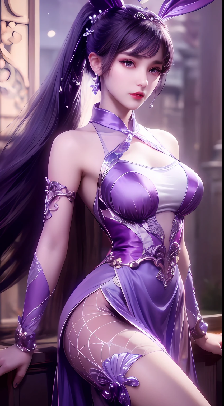 1 very beautiful girl in hanfu dress, thin purple silk shirt with many white motifs, white lace top, long bangs and long ponytail in purple platinum, gorgeous hair jewelry, pretty face and cute, flawless face, earring jewelry, light purple bunny ears, neck jewelry, big purple eyes drawn meticulously, meticulous makeup, thin eyebrows, high nose, red lips pretty, no smile, pursed lips, rosy cheeks, wide ???????, ???????????, well-proportioned bust, slim waist, purple mesh socks, Chinese hanfu style, fictional art patterns, vivid colors and legs real , RAW photo, realistic photo, ultra high quality 8k surreal photo, (fantasy light effect: 1.8), 10x pixels, magic effect (background): 1.8), super detailed eyes , beautiful girl upper body portrait, girl alone, ancient hanfu background, looking directly at the audience, wide original photo, 8k quality, super sharp, most detailed and clear picture, detailed light background,