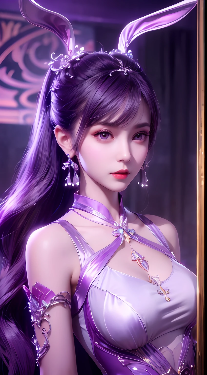 1 very beautiful girl in hanfu dress, thin purple silk shirt with many white motifs, white lace top, long bangs and long ponytail in purple platinum, gorgeous hair jewelry, pretty face and cute, flawless face, earring jewelry, light purple bunny ears, neck jewelry, big purple eyes drawn meticulously, meticulous makeup, thin eyebrows, high nose, red lips pretty, no smile, pursed lips, rosy cheeks, wide breasts, big breasts, well-proportioned bust, slim waist, purple mesh socks, Chinese hanfu style, fictional art patterns, vivid colors and legs real , RAW photo, realistic photo, ultra high quality 8k surreal photo, (fantasy light effect: 1.8), 10x pixels, magic effect (background): 1.8), super detailed eyes , beautiful girl upper body portrait, girl alone, ancient hanfu background, looking directly at the audience, wide original photo, 8k quality, super sharp, most detailed and clear picture, detailed light background,