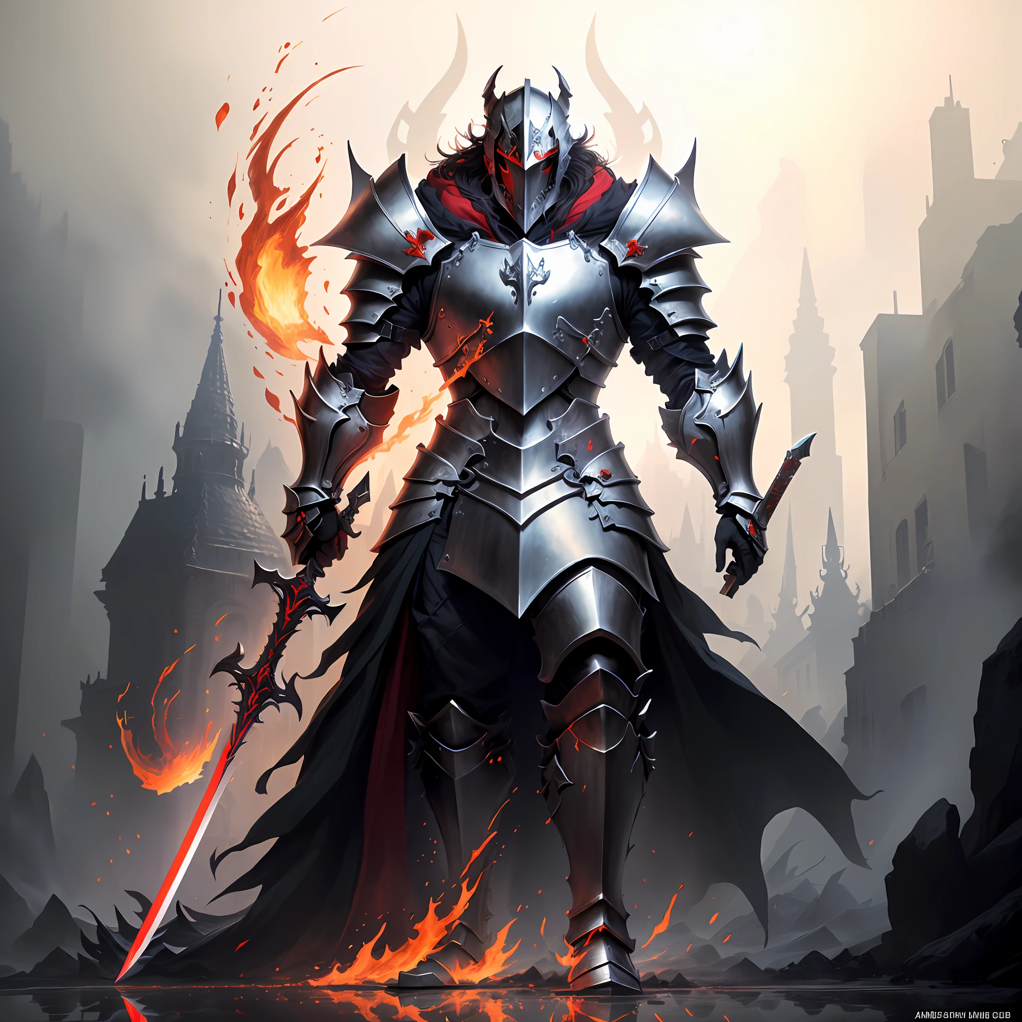 Knight image of Arafard,Armed with sword and fire, flame conjuring armored, black fire color reflected armor, Blood Knight, evil knight, gothic knight, Dragon Knight, guildwar artwork, Black and red armor, ares with heavy armor and sword, From Arknights, black and red reflected armor, Epic Paladin armor, holy armor