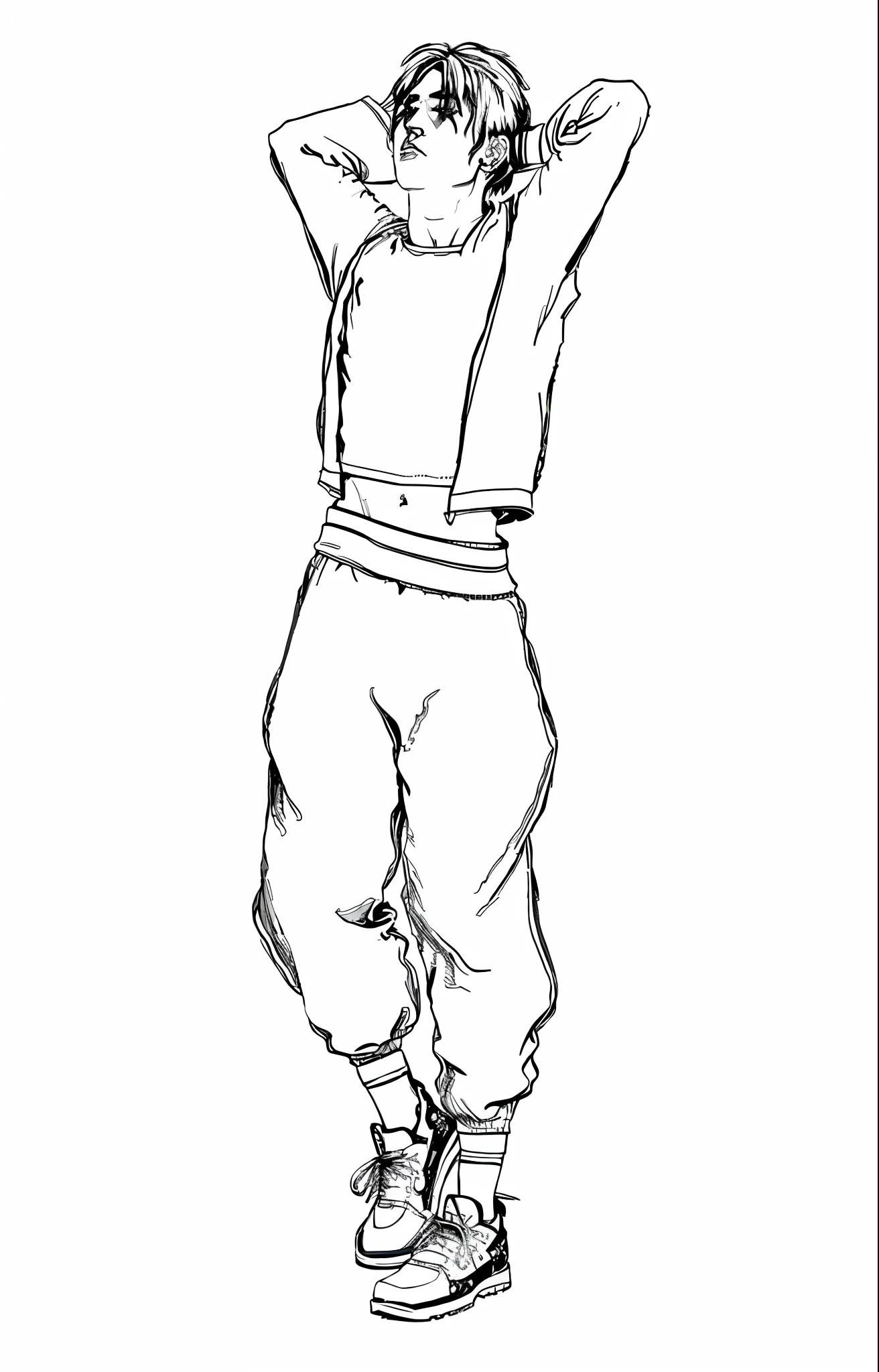 a drawing of an Asian man , design de roupa clara, desenho de caracteres de corpo inteiro, different full body view, Contornos de anime grossos, manga art, full body character concept, contornos largos, stylized proportions, Air Jordan Sneakers, blusa aberta e camiseta branca,
