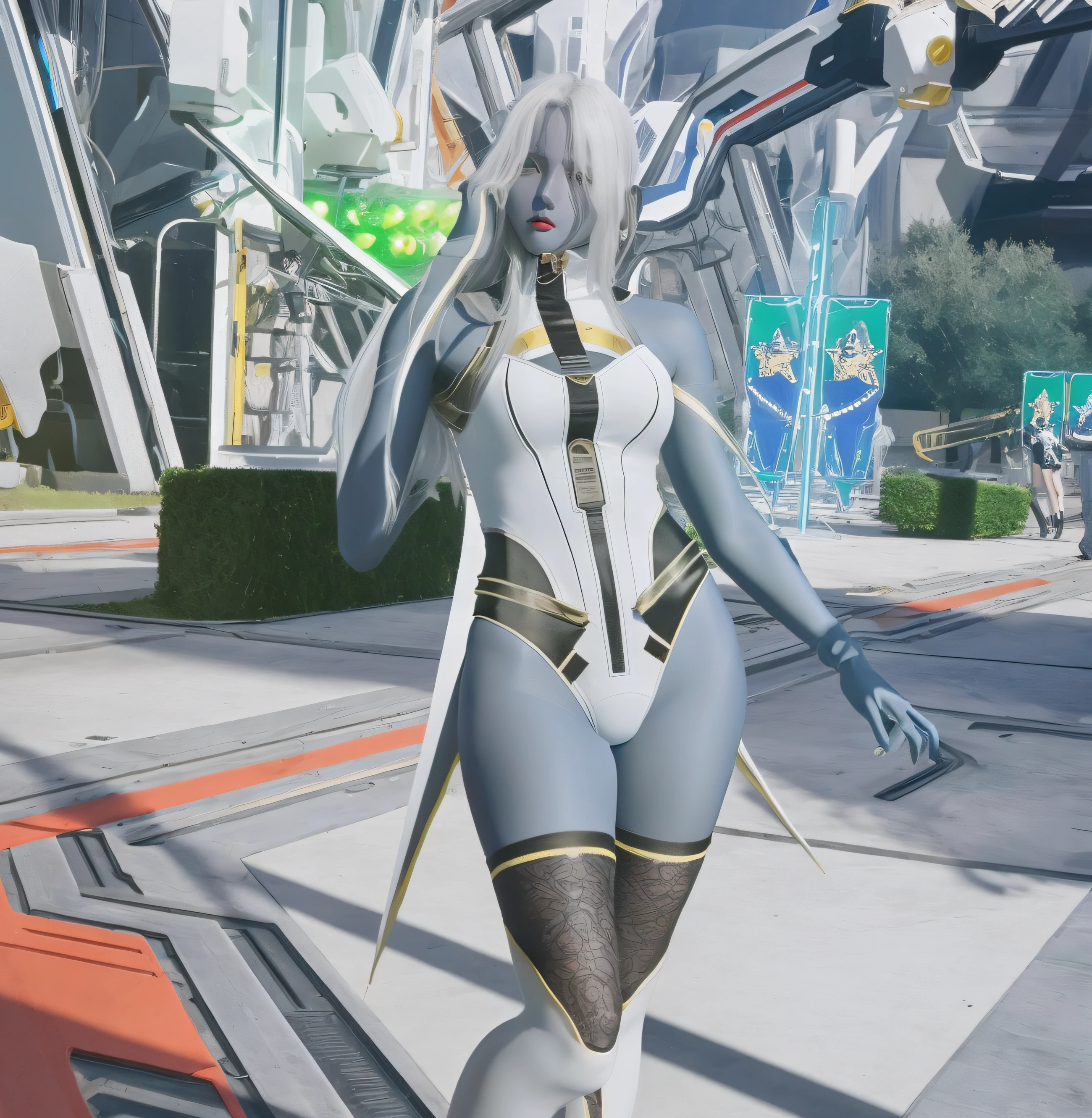 ((masterpiece,best quality)), Blue-skinned Dark Elf woman with long white hair, in white black and yellow high cut Sci-fi leotard, black and yellow gloves, black yellow and white long stockings, standing in futuristic town, photo realistic, intricate details