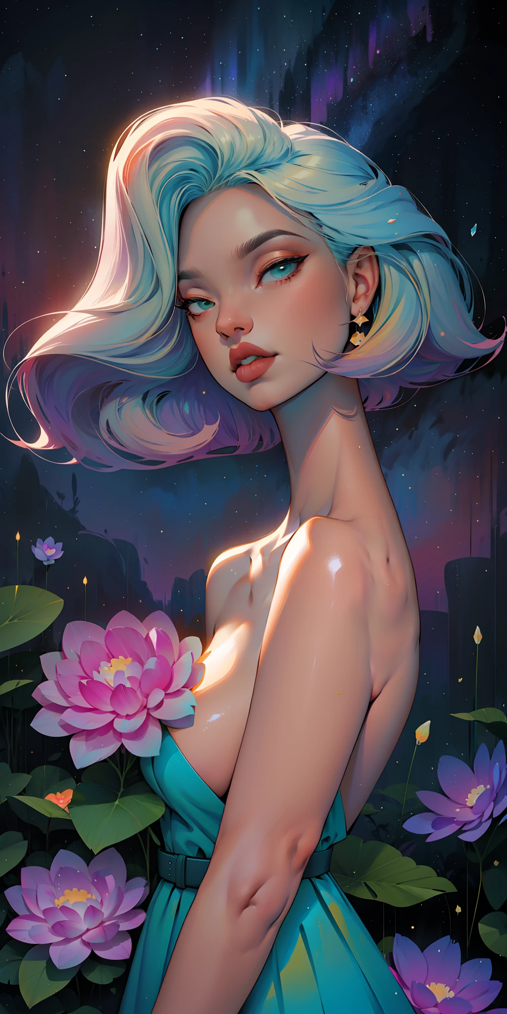 peony/lotus/cornflower/wheat/mallow/ chamomile/poppy/Wildflowers,Professional,abstract beauty,approaching perfection,dynamic,Highly detailed,digitalpainting,Artstation,Concept art,Smooth,sharp-focus,illustartion,Artists: by Carne Griffiths, Wadim Kashin,leonid afremov,kandinsky,Psychedelic,watercolour,crystals foil,stylish,Fantastic,a gold,colorful neon, s face, waist-high, portraite of a, up close, near, queen, a goddess, A glorious sunrise, aura, Glow, multi-colored bright aurora borealis, Spectrum Rainbow,Colored feathers, In a chic, Purple, mint, Yellow, Gradient, Lavender pink azure white hair, pastel, mixed-language_SMS, (beautiful and clear background:1.2),, fantastic paintings , high detailed eyes, crystals, outer space, galaxy, Gorgeous hair, hydrangea, Plants. Loving. Love. ultra detail hair, Best Quality, hiquality, hight resolution, detail enhancement, ((most beautiful image in the world)), Masterpiece, Best Quality, High Quality Detail Enhancement, ((most beautiful image ), Shiny hair, ultra chic topless, naked body, curvy chic body, Stampa Flores, art by stjepan sejic, art by j scott campbell, Artist Guillem March, art by citemer liu, 4k, hight resolution, comic book character, comic, high quality detailed, style of ::2.0 comix illustration style,tatoon style, hiquality, hight resolution, detail enhancement, 8K, HD, Best Quality, hiquality, hight resolution, detail enhancement, 8K, HDR, sharp-focus, Ultra Detailed, perfect lighting, Curvy Body, Lush big breasts, Curvy big hips, sparks, Stars, The Cycle of the Stars, lily