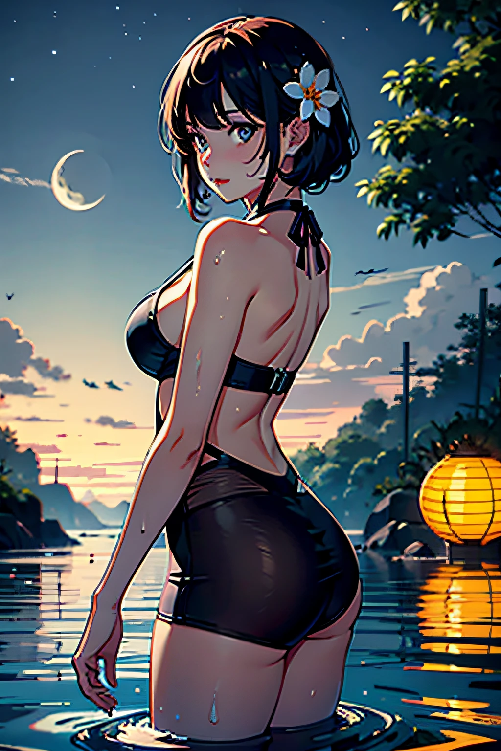1girll， nedium breasts， themoon， lanterns， late， 独奏，big cleavage breasts， hair adornments， dampness， White erotic underwear， wading， Eau， Hair flowers， florals， exteriors， Skysky， moon full， Sateen， brunette color hair， Not shoulders， mont， ​​clouds， halter， obi strip， Naked of breast， paper lanterns， standing on your feet， Kimono with white， nigh sky， Side Chest， obi strip， wetclothes， By bangs， The tree， From the side Side， Reflectors， short detailed hair， mostly cloudy sky， Wet hair （（（tmasterpiece），（Very detailed CG unity 8k wallpaper），best qualtiy，，独奏，1girl，cinmatic lighting，detailed back ground，beatiful detailed eyes，Bright pupils，（very fine and beautiful），（Beautiful and detailed eye description），ultra - detailed，tmasterpiece，）），