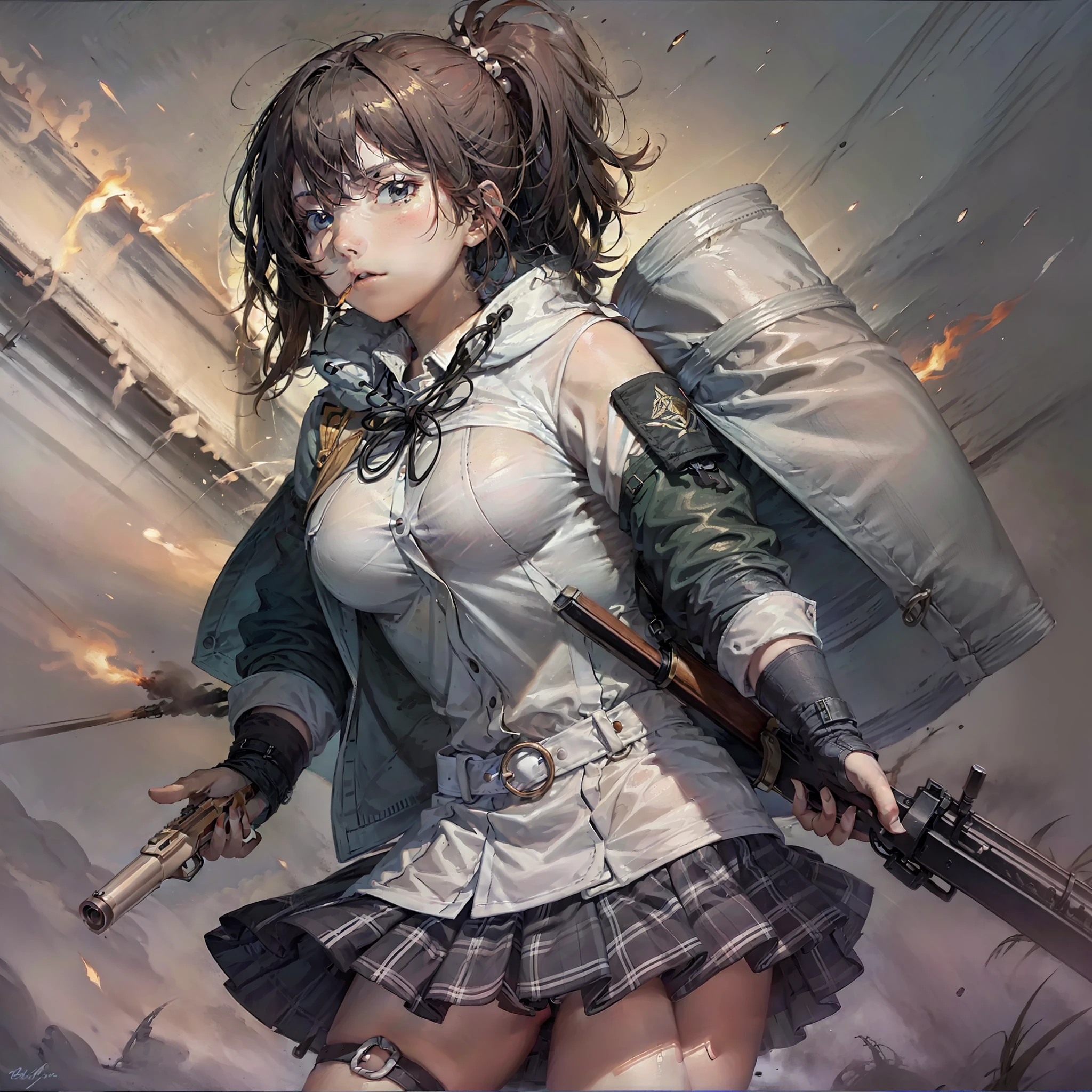 girls,Manteau blanc,Armed with a firearm,battlefiled,combats,Smoke billowed out。