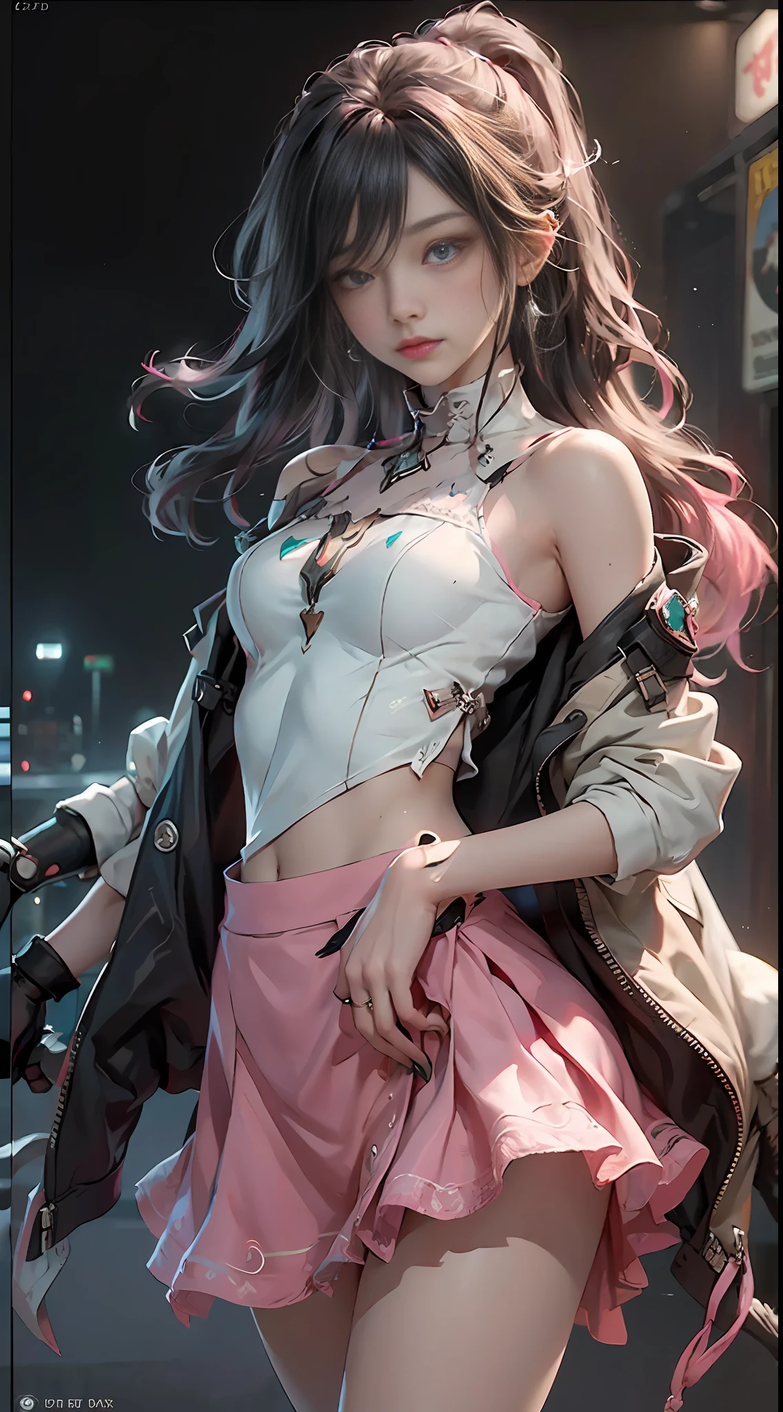 ((best quailty)), ((tmasterpiece)), (the detail:1.4), 3D, A beautiful cyberpunk female image,hdr(HighDynamicRange),Ray traching,NVIDIA RTX,Hyper-Resolution,Unreal 5,Subsurface scattering、PBR Texture、post-processed、Anisotropy Filtering、depth of fields、maximum definition and sharpness、Many-Layer Textures、Albedo e mapas Speculares、Surface coloring、Accurate simulation of light-material interactions、perfectly proportioned、rendering by octane、Two-colored light、largeaperture、Low ISO、White balance、thirds rule、8K raw data、barepubic hair,Exposed shoulder,camisole,upskirt with,Transparent packaging,open waist,upskirt with//,Very short,There are colorful graffiti on the shoulders,pleatedskirt,JK short skirt long legs,lace edge,Tulle textured clothes。Pink cute,Tender powder,The expression is shy,Pink and white clothes。The coat slipped off,Shiny hair, eye reflections, Moles under eyes, Dilated pupils, aqua eyes, Glowing eyes, Colored Contact Lenses