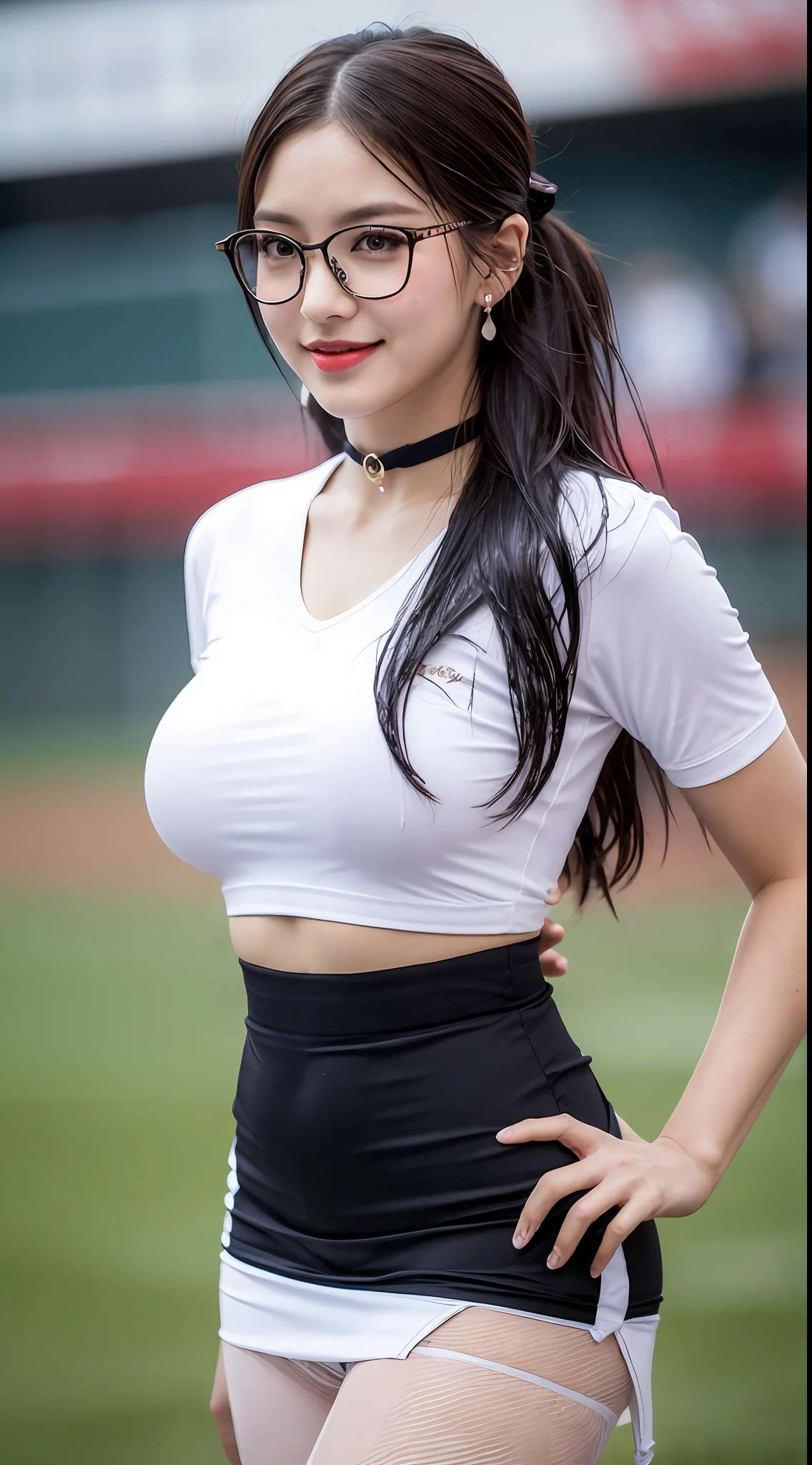 ((midnight, Need, 8K, tmasterpiece:1.3)), A whole body, Long legs, Focalors:1.2, Plump body,perfect figure beautiful woman:1.4,((Dark brown hair, huge tit:1.2 )), (Low-cut white T-shirt, Deep VT shirt,Baseball uniforms,Silk stockings,Short skirt), ((baseball stadium,Baseball game)),lots of people,Highly detailed facial and skin texture, A detailed eye, 二重まぶた,wears glasses,crisp breasts,Smile with,Bigger breasts, updo hair,crisp breasts,Get wet,Sweat profusely,Red lips,Hot dance,Large bust,huge tit,wearing a choker,Wear earrings,Noble beauty