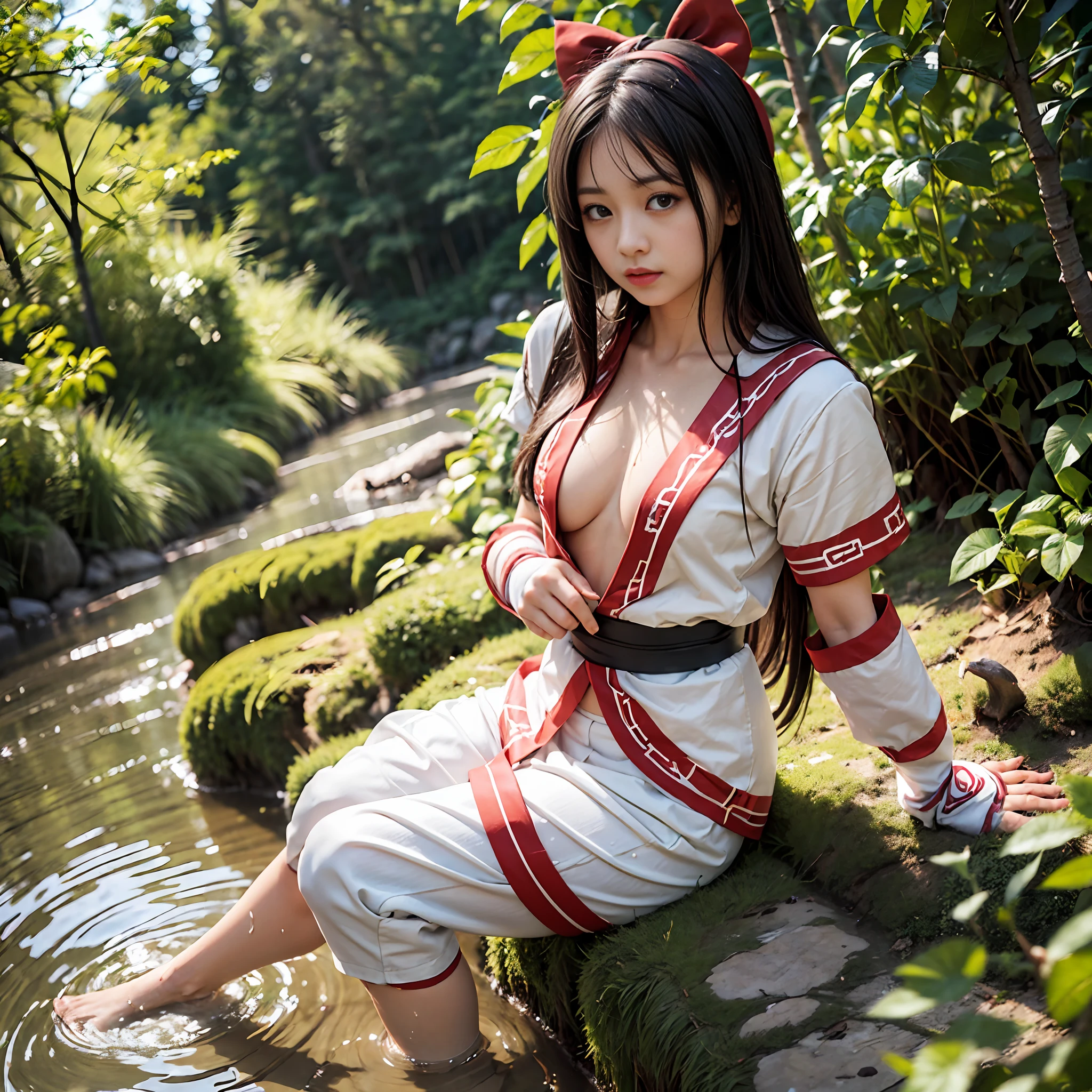 ​masterpiece、hight resolution、top-quality、(Photorealsitic:1.4)、女の子1人, Clear stream deep in the mountains、falls、Bathing in water、Nakoruru, Light smile, Official art,Red bow, the bow, length hair, Hair Bow, Wet clothes、Wet skin、ainu clothes, 独奏, Hair Band, a bird, Black-haired, Fingerless gloves, shortsleeves, gloves, Underpants, bangss, red hairband, Brown-eyed, White pants, Komono,  (Small breasts、Chest exposure、Bare legged、bare-legged:1.5)、Dramatic lighting and shadows、Solar flares、lensflare、Blurred foreground、(Film Lighting)、Soft lighting、dynamic ungle、cinematlic lighting、Dynamic angles
