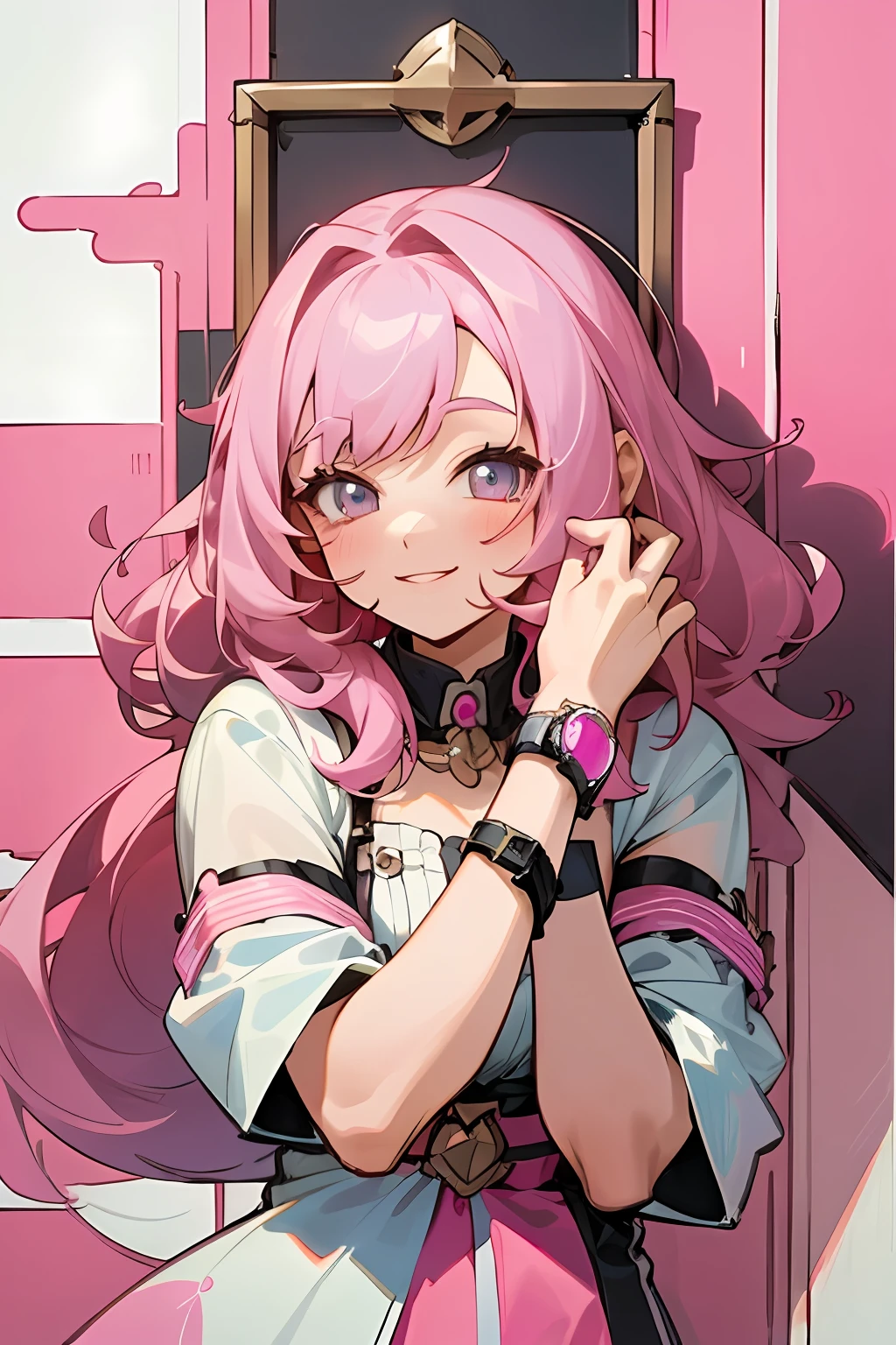Cute girl with pink hair,adolable,adolable,A pink-haired,Smile and watch