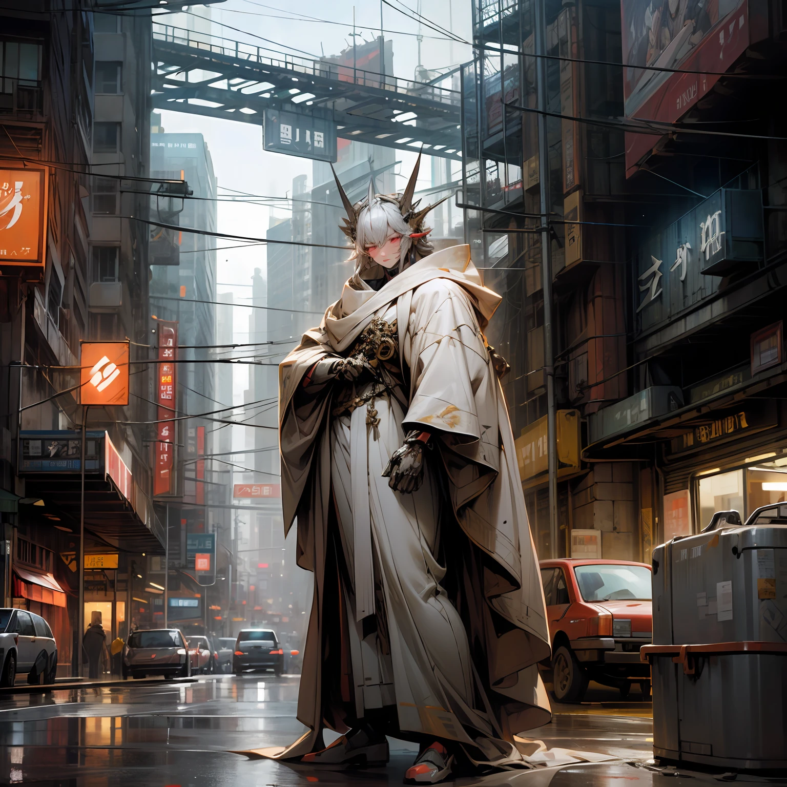 The silver-white mech looks down on the city,Dressed in a silver robe, the god of the machine looks at the bustling city scene,Neon lights shine,The streets are still bustling。 --auto