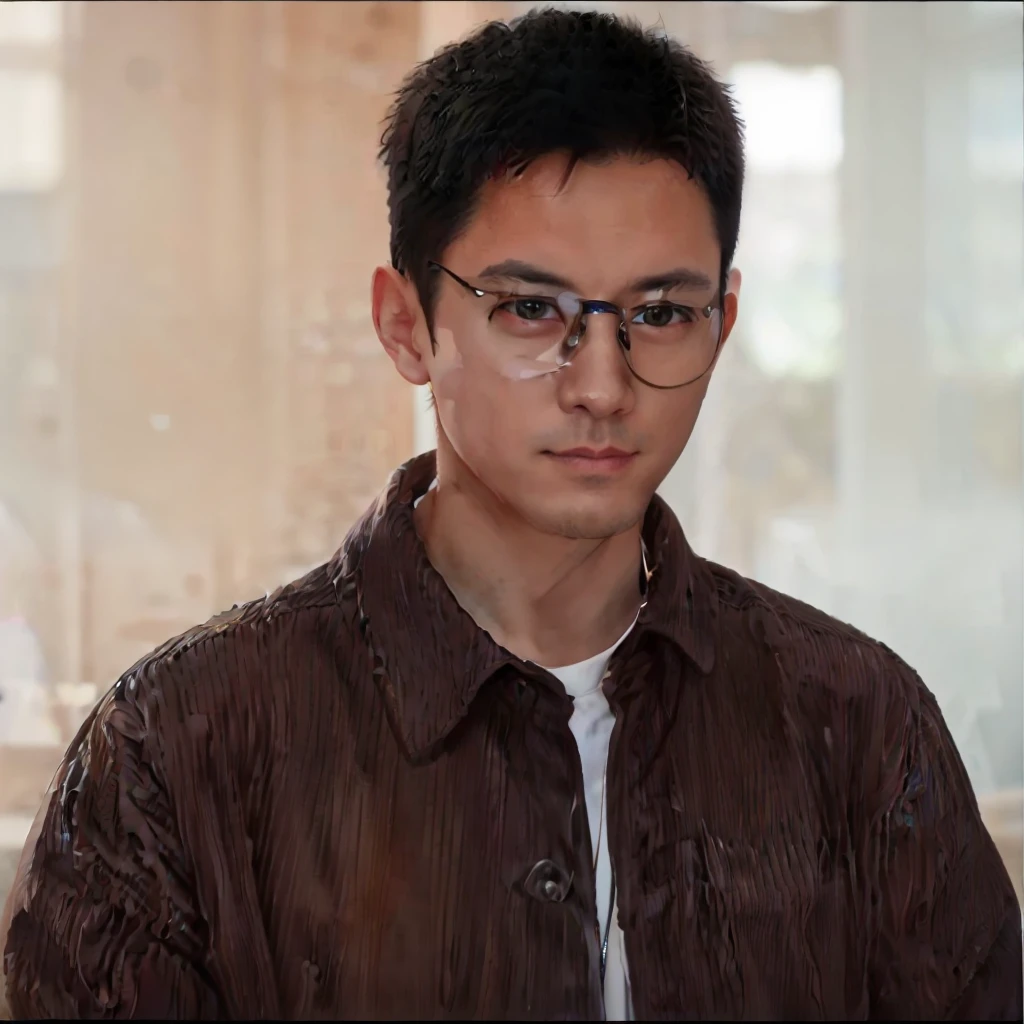 Realistic, (masterpiece, best_quality:1.1), a man wearing glasses standing in front of a glass door with a cross on it, zegna, Drop+7, Double vents, Notch lapels, Flap pockets, 2-button closure, Fully lined, Deconstructed, 100%+Wool, Grey, suits, young, wearing a undercloth and tie, oxford knot