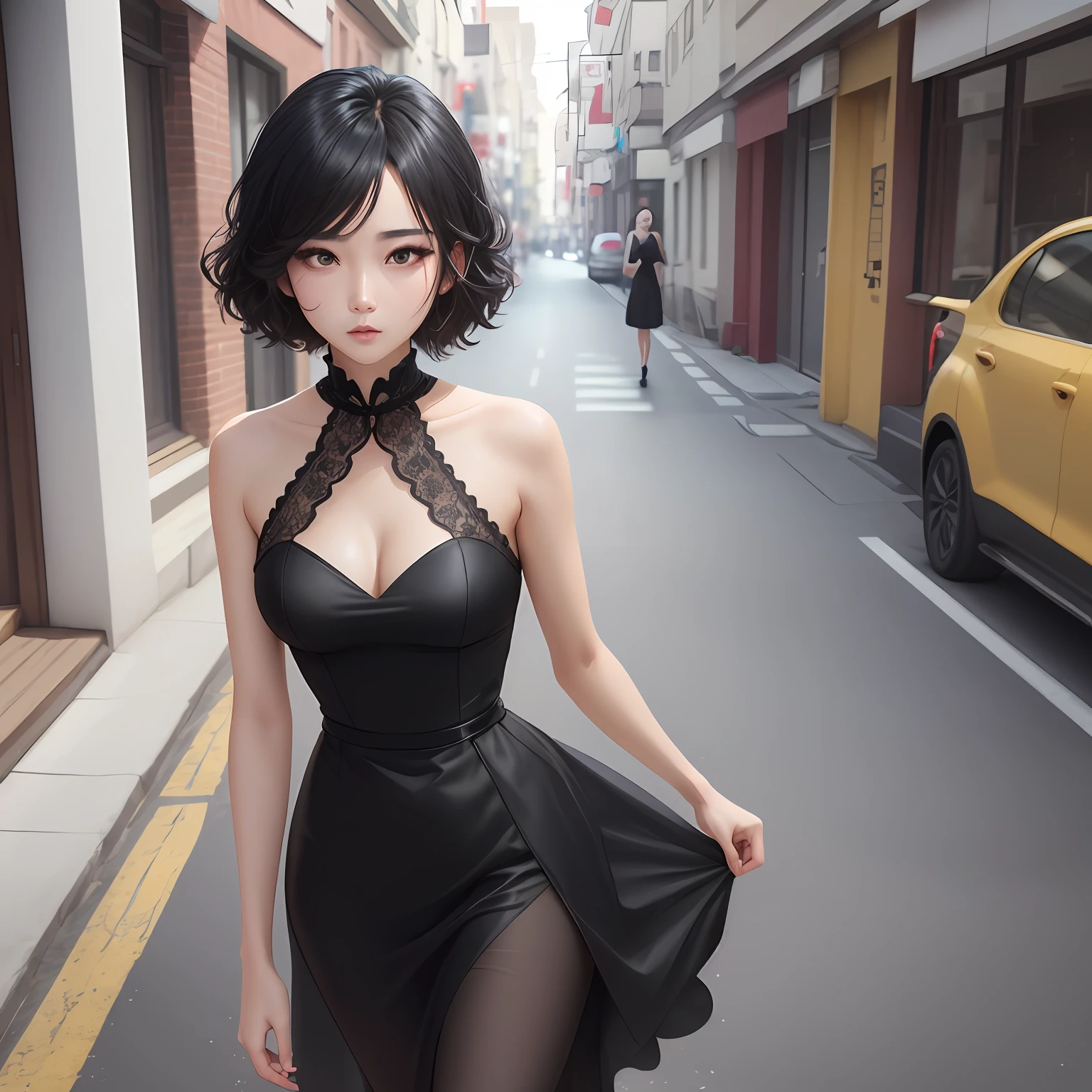 arafed woman in a black dress walking down a street, korean women's fashion model, anime girl wearing a black dress, digital art of an elegant, shiny black dress, wearing black dress, smooth 3d cg render, sexy dress, smooth anime cg art, she is wearing a black dress, korean girl, 3 d render character art 8 k
