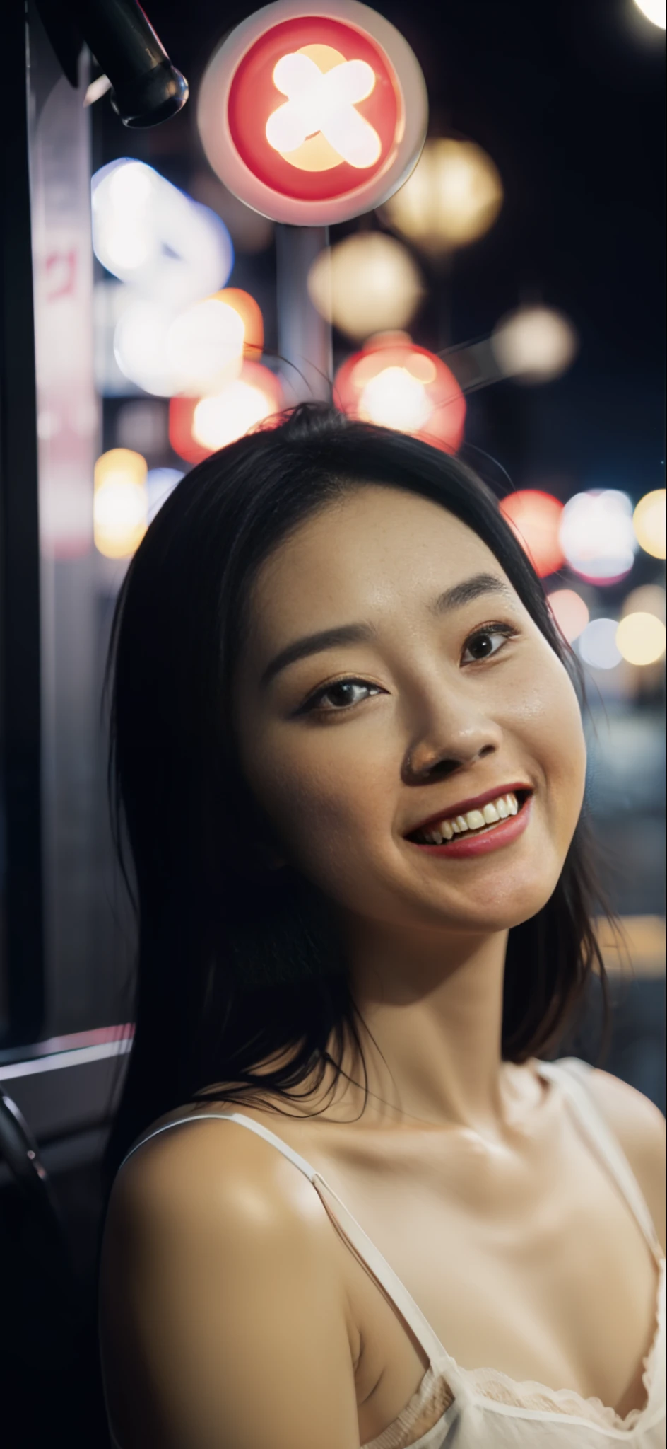 1girl, idol, model, depth of field, photo, film, face, skinny, smile, collarbone, teeth, movie, camisole, selfie, night,