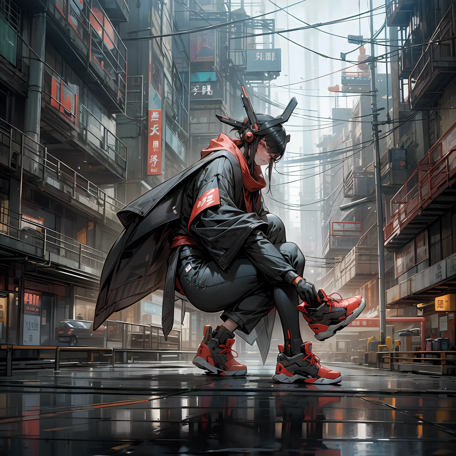 The silver-white mech looks down on the city,Dressed in a silver robe, the god of the machine looks at the bustling city scene,Neon lights shine,The streets are still bustling。 --auto
