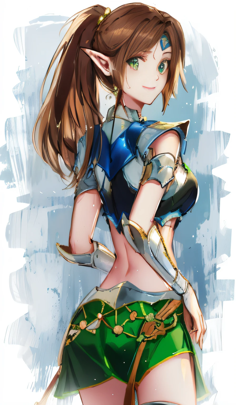 The beautiful elf in armor turned sideways and smiled back,brown hair,Bare arms,showing belly,Bare thighs,Green hem skirt,Sweat on the forehead,