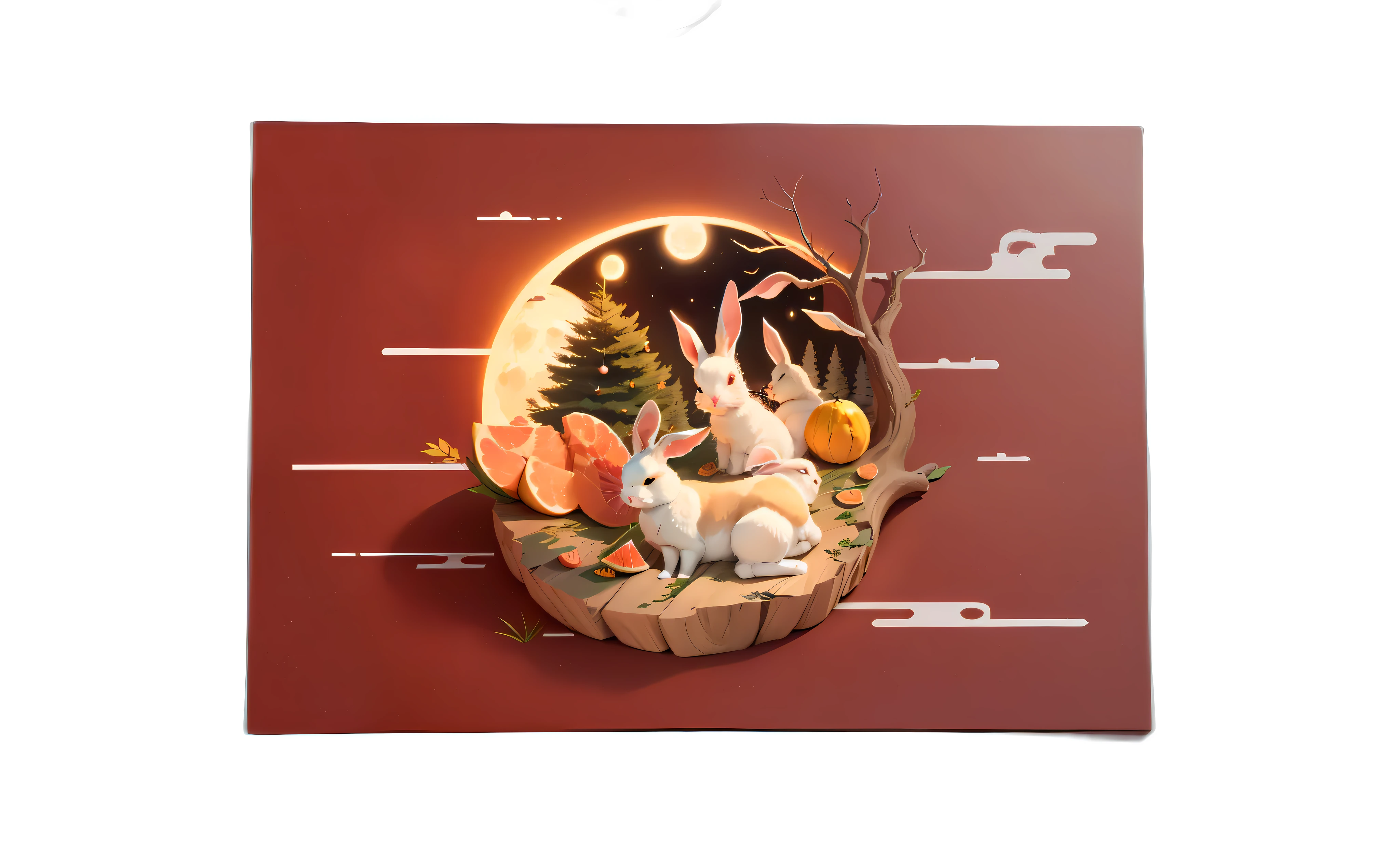 There were two rabbits sitting on tree stumps，The background is the full moon, 3 d illutration, a forest with bunnies, 2D illustration, high detail illustration, Higher detailed illustration, 3d matte illustration, Digital illustration poster, 3 d + Digital art, A beautiful artwork illustration