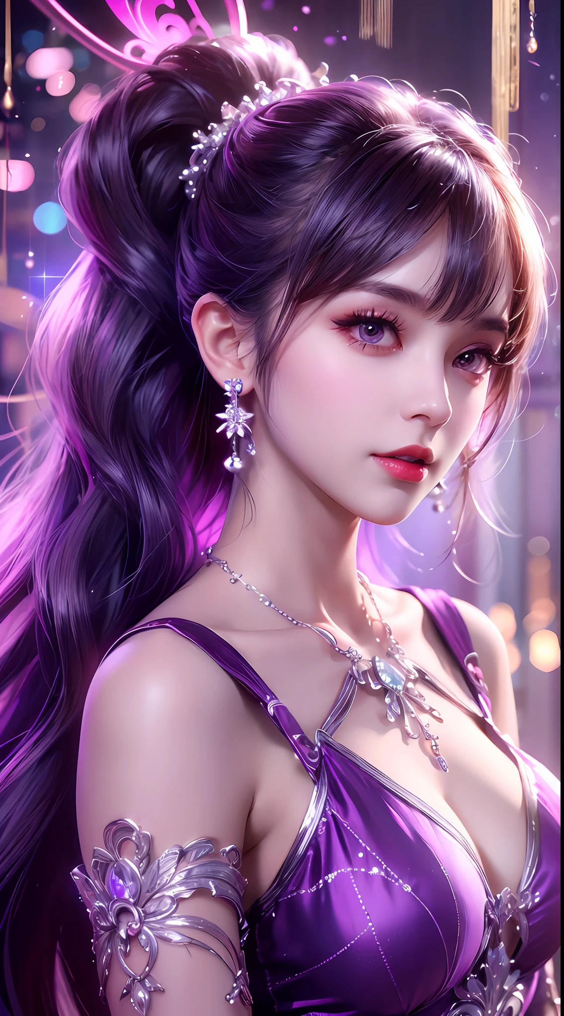 1 very beautiful girl in hanfu costume, thin purple silk shirt with many white motifs, white lace shirt, long bangs and a long platinum purple ponytail, gorgeous hair jewelry, Pretty and cute face, flawless face, jewelry earrings, light purple rabbit ears, antique jewelry, Meticulously drawn large purple eyes, meticulous makeup, thin eyebrows, high nose, Pretty red lips, not smiling, pursed lips, blush, breast enlargement, big breasts, proportional breasts, eo thon, purple mesh socks, Chinese style hanfu, fictional art patterns, Vivid and realistic colors, RAW images, Photorealistic photos, Ultra-high-quality 8K surreal photos, Extreme photo, (Virtual light effects: 1.8), pixel 10x, Magic effects (background): 1.8), Super Eyes Detail, Portrait of a beautiful girl on the body, Girl Alone, Ancient hanfu background, Look directly at the audience, wide original image, 8K quality, Super Definition, The most detailed and clear image, Detailed light background,