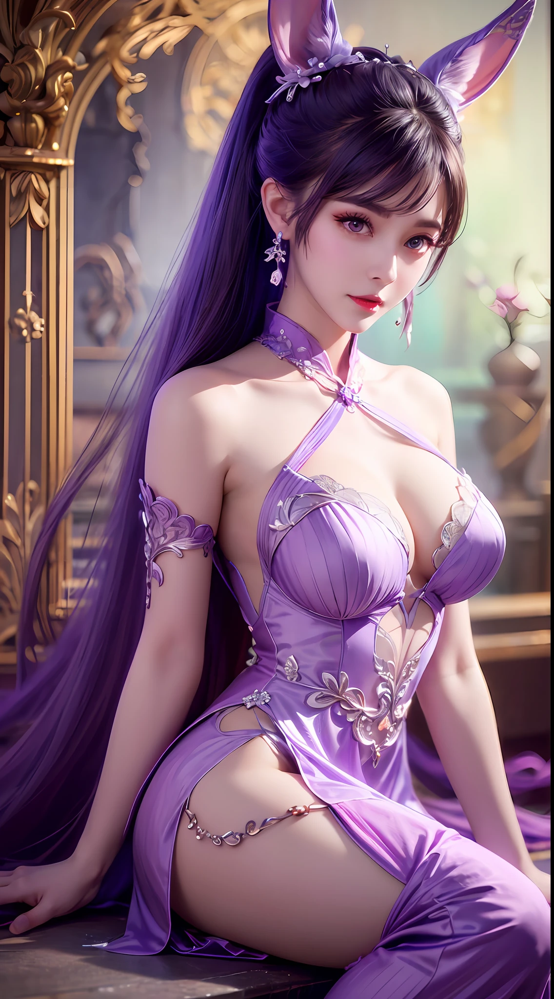 1 very beautiful girl in hanfu costume, thin purple silk shirt with many white motifs, white lace shirt, long bangs and a long platinum purple ponytail, gorgeous hair jewelry, Pretty and cute face, flawless face, jewelry earrings, light purple rabbit ears, antique jewelry, Meticulously drawn large purple eyes, meticulous makeup, thin eyebrows, high nose, Pretty red lips, not smiling, pursed lips, blush, breast enlargement, big breasts, proportional breasts, eo thon, purple mesh socks, Chinese style hanfu, fictional art patterns, Vivid and realistic colors, RAW images, Photorealistic photos, Ultra-high-quality 8K surreal photos, Extreme photo, (Virtual light effects: 1.8), pixel 10x, Magic effects (background): 1.8), Super Eyes Detail, Portrait of a beautiful girl on the body, Girl Alone, Ancient hanfu background, Look directly at the audience, wide original image, 8K quality, Super Definition, The most detailed and clear image, Detailed light background,