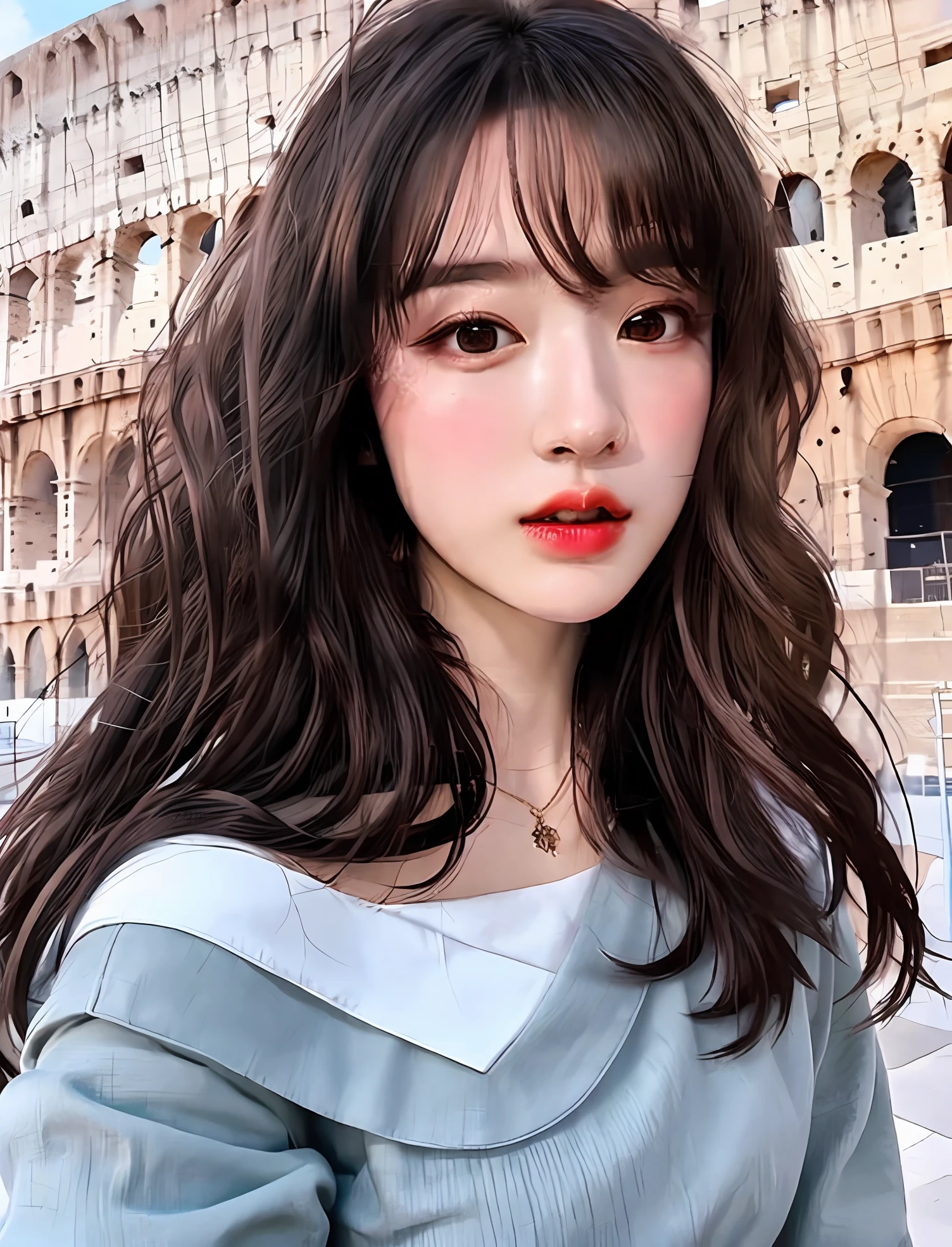 upper body photo of thin 1girl Negona wavy ponytail hair, sexy dress, chest cloth loosen, at colosseum, wideangle close up