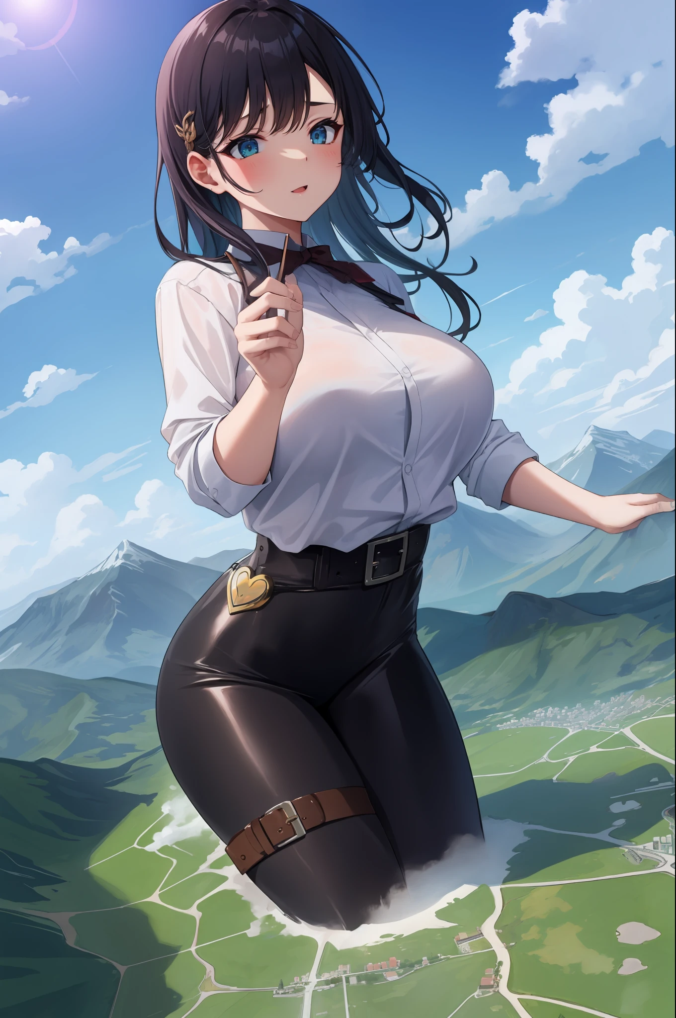 giantess, cat woman, tit, Clouds, view over city, mountain ranges