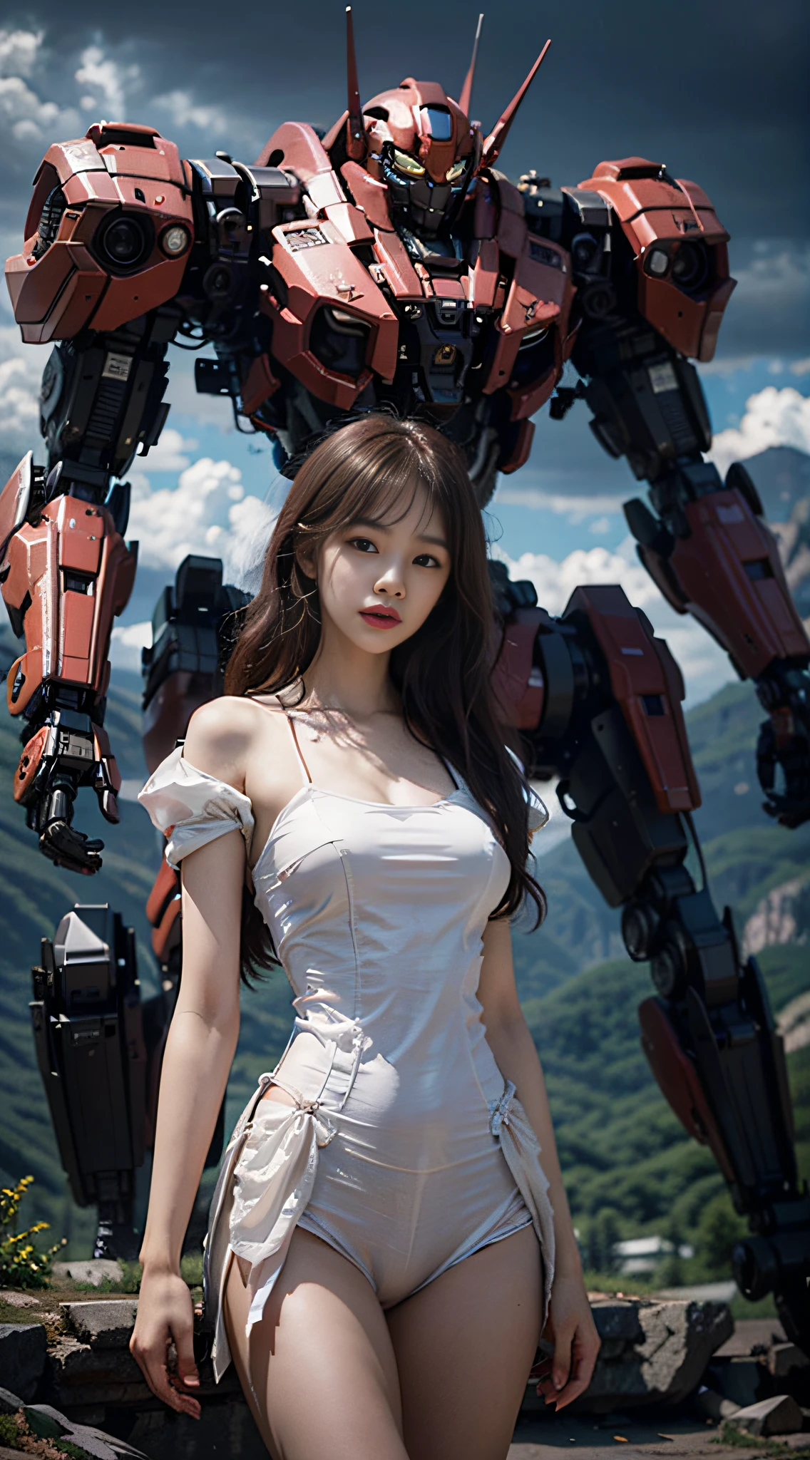 （ pureerosface_v1：0.5），Rhyme，Korean Doll，
Realistic photography，high qulity，8K分辨率，real photograph，（（（length hair，brown  hair，Girls with medium breasts，）），chinaese girl，tight-fitting，navels，Pink clothes），Shitu-mecha behind the girl，Magnificent，body complet，mistic，Photo by Brandon Wolfermüster，Surreal dreams，Gray atmosphere，rainy days，battleground background，dyna，LUT，HDRM professional lighting，photon maping，radiosity，physicallybased rendering，Delicate realism，Aray's dynamic and expressive animation Shitu-Mecha，（Pink style：1.3），