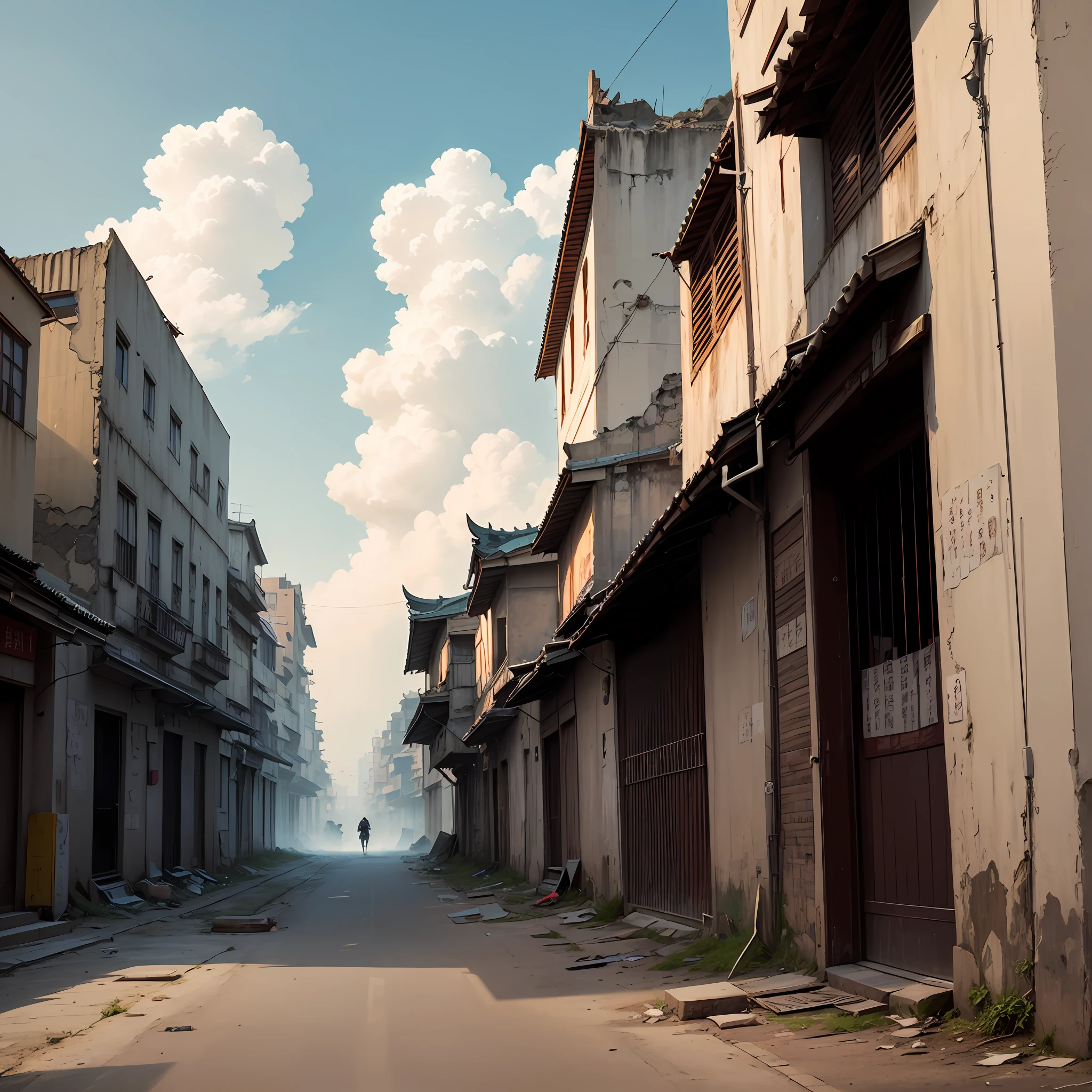 sky cities,run-down,baiyun,Stained with blood,Built in a sea of clouds,Only the right half of the wall is exposed,The patterns on the walls are complex,Antique,There are a little less buildings than clouds,There is a figure in the distance