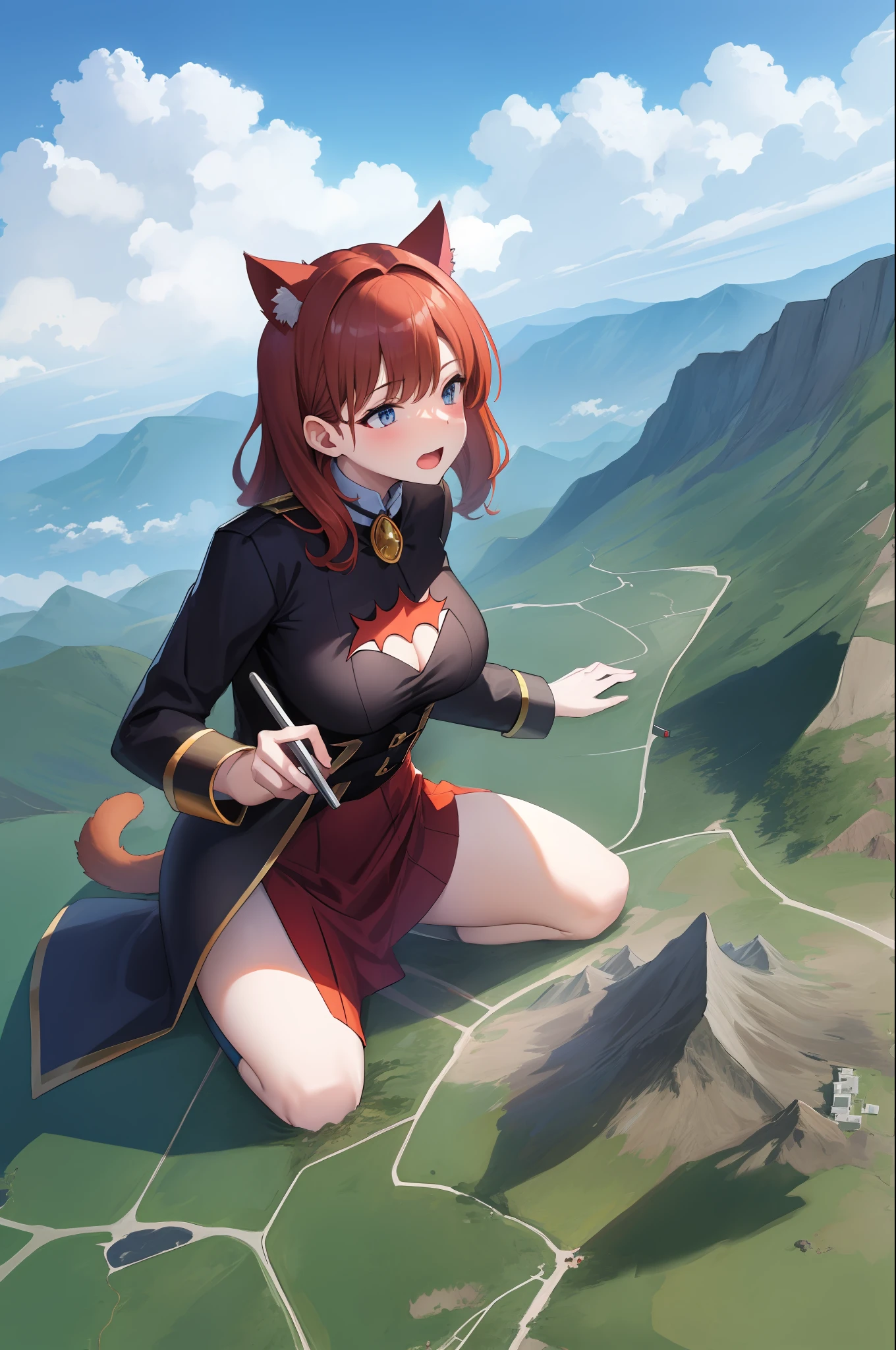 giantess， cat woman， tit， Clouds， view over city， mountain ranges