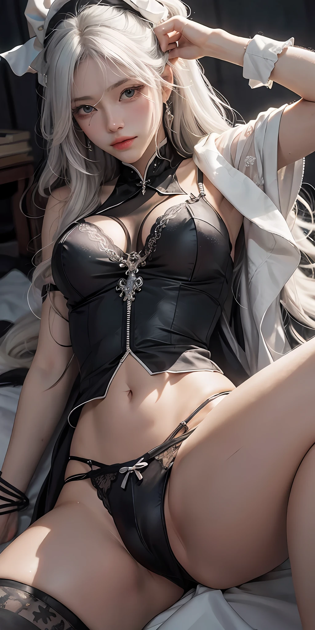 Guvez style white-haired woman,FAN Qi,Yang J,Epic amazing character art,Belle peinture de personnage,Close-up of artwork,Guvitz at the Pixiv Art Station,Elegant waistband,white under lingerie,The eyes are pitiful,lower body focus,Ribbons and silks,ssmile,Spread your legs,There is sweat on the body
