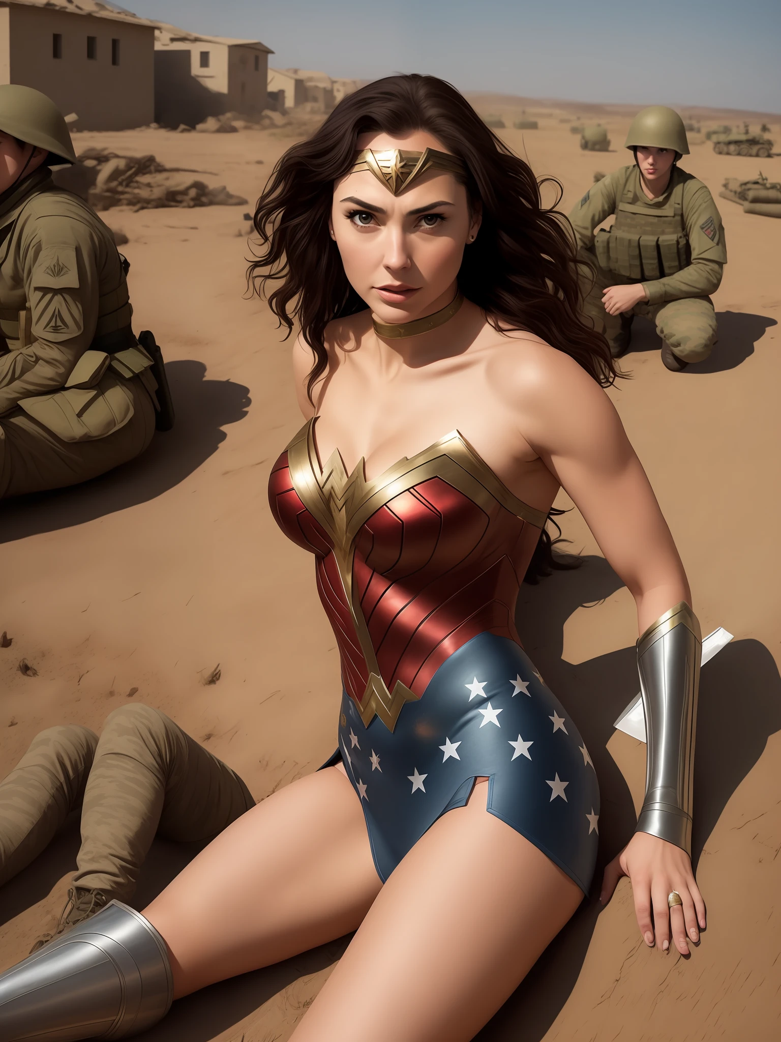 a fit woman in bodysuit, realistic, detailed, hyperrealistic, laying, 1girl, high detailed, 8k, cameltoe, , , wonder woman, gal gadot, in war trenches, ww2, solders surrounding
