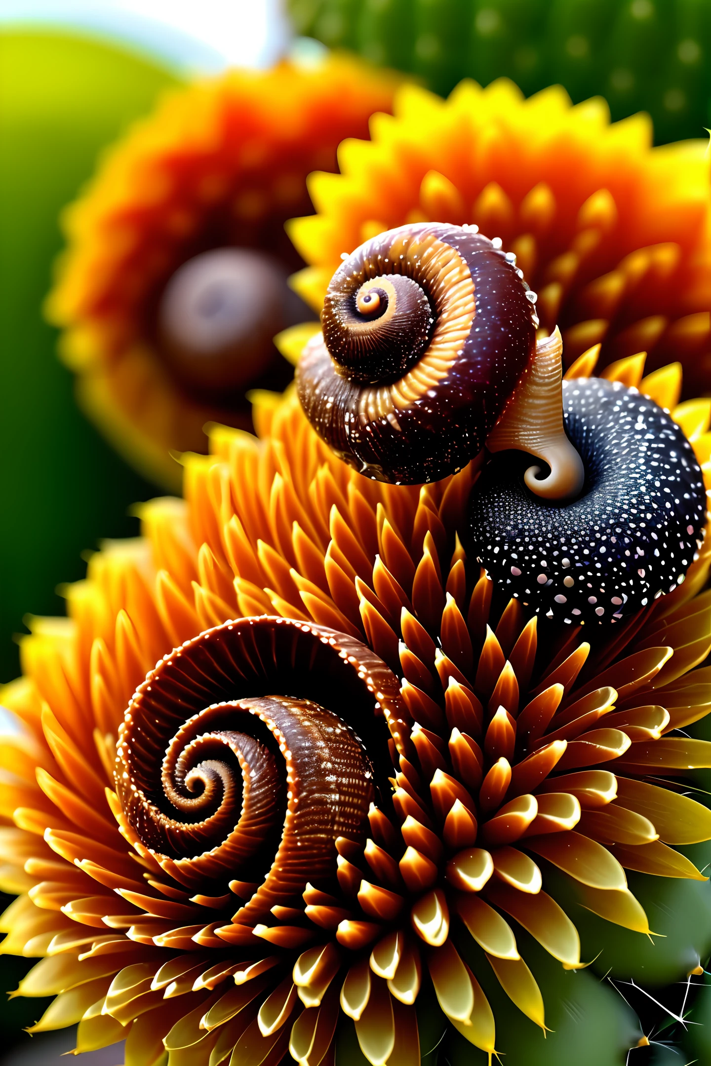 suns,morning,dewdrops,A snail on top of a cactus,