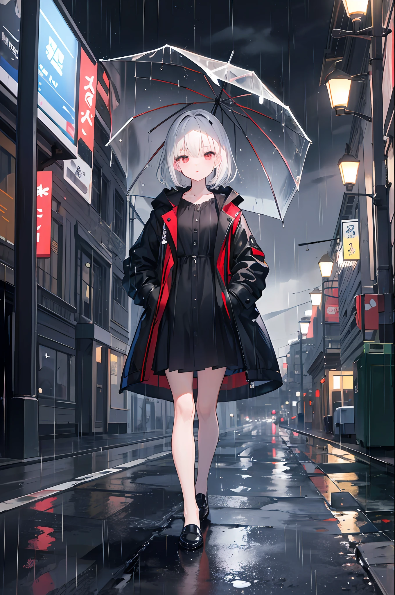 (night scene:1.3) (streetview:1.2) (rain:1.2) (Ambient:1.3) (1girl:1.1),coat large,Put your hands in your pockets,black color dress,white color hair,(It's raining:1.2),red color eyes.