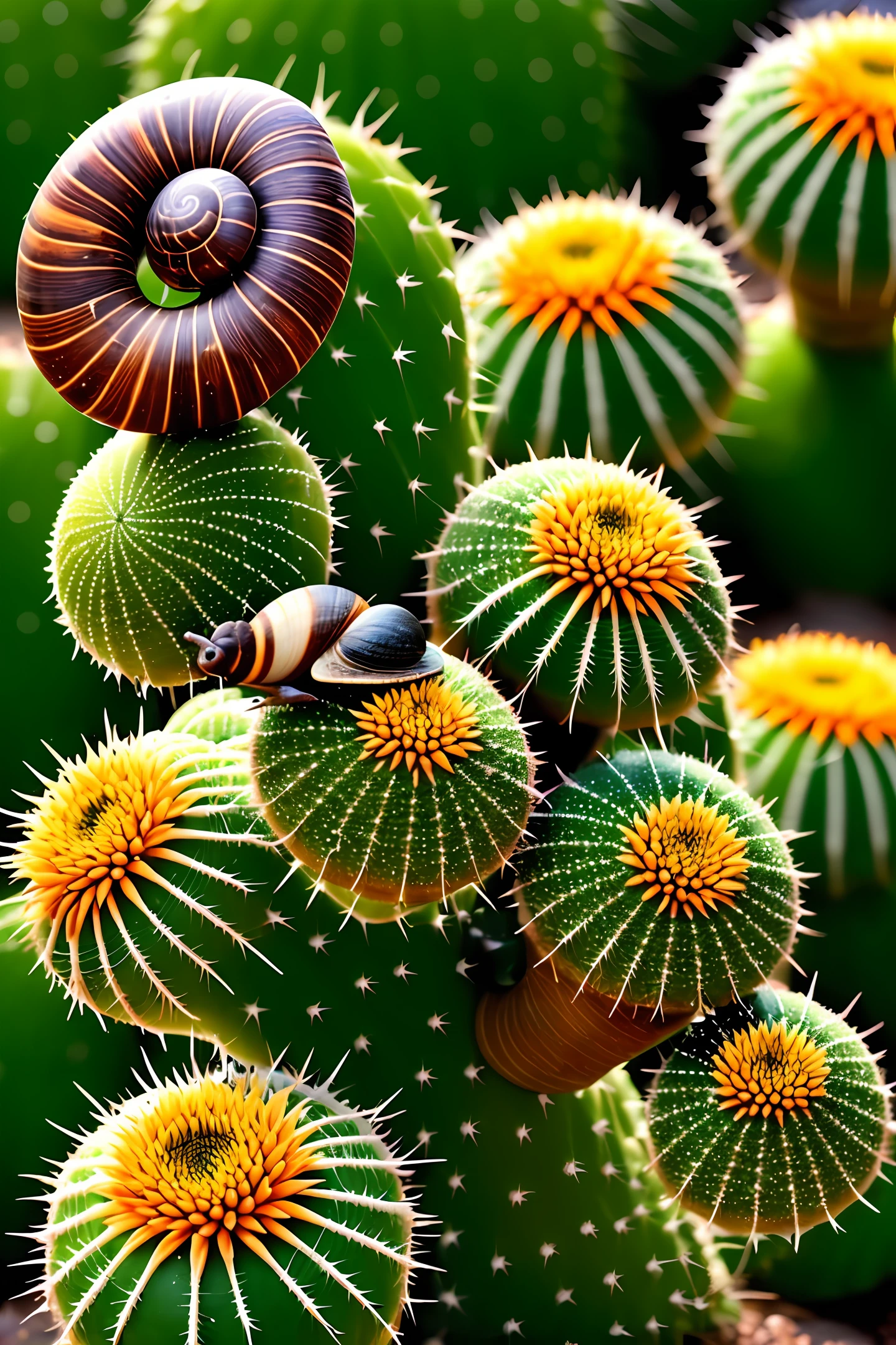 suns，morning，dewdrops，A snail on top of a cactus，