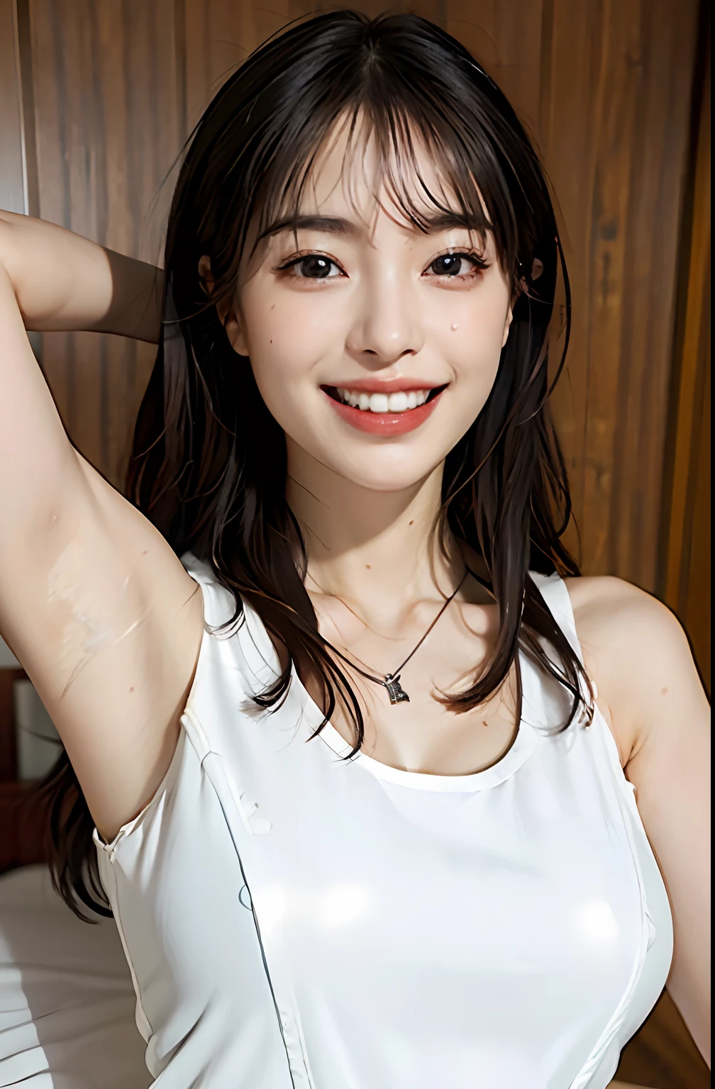 (A hyper-realistic), (illustratio), (hight resolution), (8K), (ighly detailed), (The best illustrations), (beatiful detailed eyes), (top-quality), (ultra-detailliert), (​masterpiece), (wall-paper), (详细的脸), a bed、Upper body close-up,Armpit, A smile,Plump,独奏,Girl in a tight white tank top with open chest, full of sweat, japanes, large full breasts, (camel's toe)、huge-breasted、Detailed, well-groomed white teeth、Ultimate Beauty、shot on the Canon EOS R 6、full of sweat、(beautiful detailed teeth)、Silver necklace、Park with sunshine、Perfect and beautiful female hands、