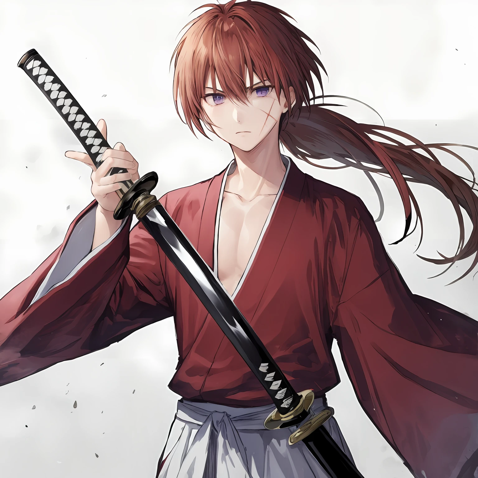 kenshin rk, Solo, long hair, Looking at Viewer, Simple background, Long sleeves, 1boy, White background, Holding, hair between eye, Closed mouth, Purple eyes, 鎖骨, Ponytail, arma, Male Focus, Komono, Sword, Wide sleeves, Kimono, holding weapon, sketch, Scar, holding swords, katanas, scabbard, Hakama, facial scar, sheathed, Serious, Red kimono, scabbard, unsheathing, scar on chest、ironman(Marvel)、Iron Man Suit