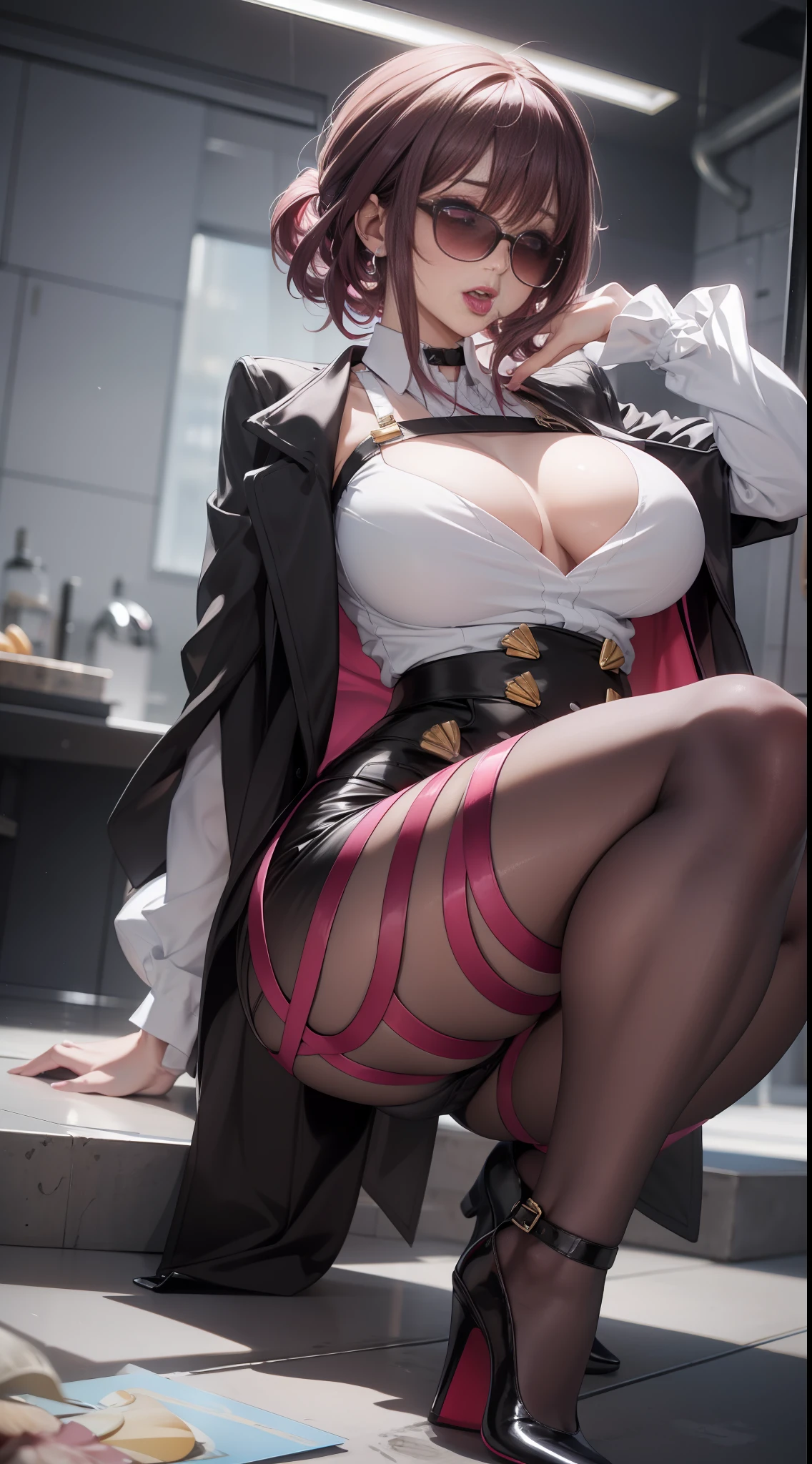 Ultra-realistic 8K CG，Perfect face，Impeccable，tmasterpiece，professionalartwork，famousartwork，Perfect face，beauitful face，beautidful eyes，Sunglasses worn on the head，A pregnant woman，profesional lighting，（（（Perfect female body））），（（（arms tied behind her back））），（（（Open your legs in black pantyhose））），（（（High and long legs））），（（（Squat））），（（（very Bigger breasts））），High heels are exposed on the sides，The large，独奏，Be red in the face，A face full of ecstatic pleasure，（hyper detail eyes，Nose mouth，Tongue stock，mano），seductive appearance，white  shirt，black black jacket，Thick thighs， short detailed hair，Sexy belly， depth of fields， BDSM， dent in the skin， full bodyesbian， looking at viewert，