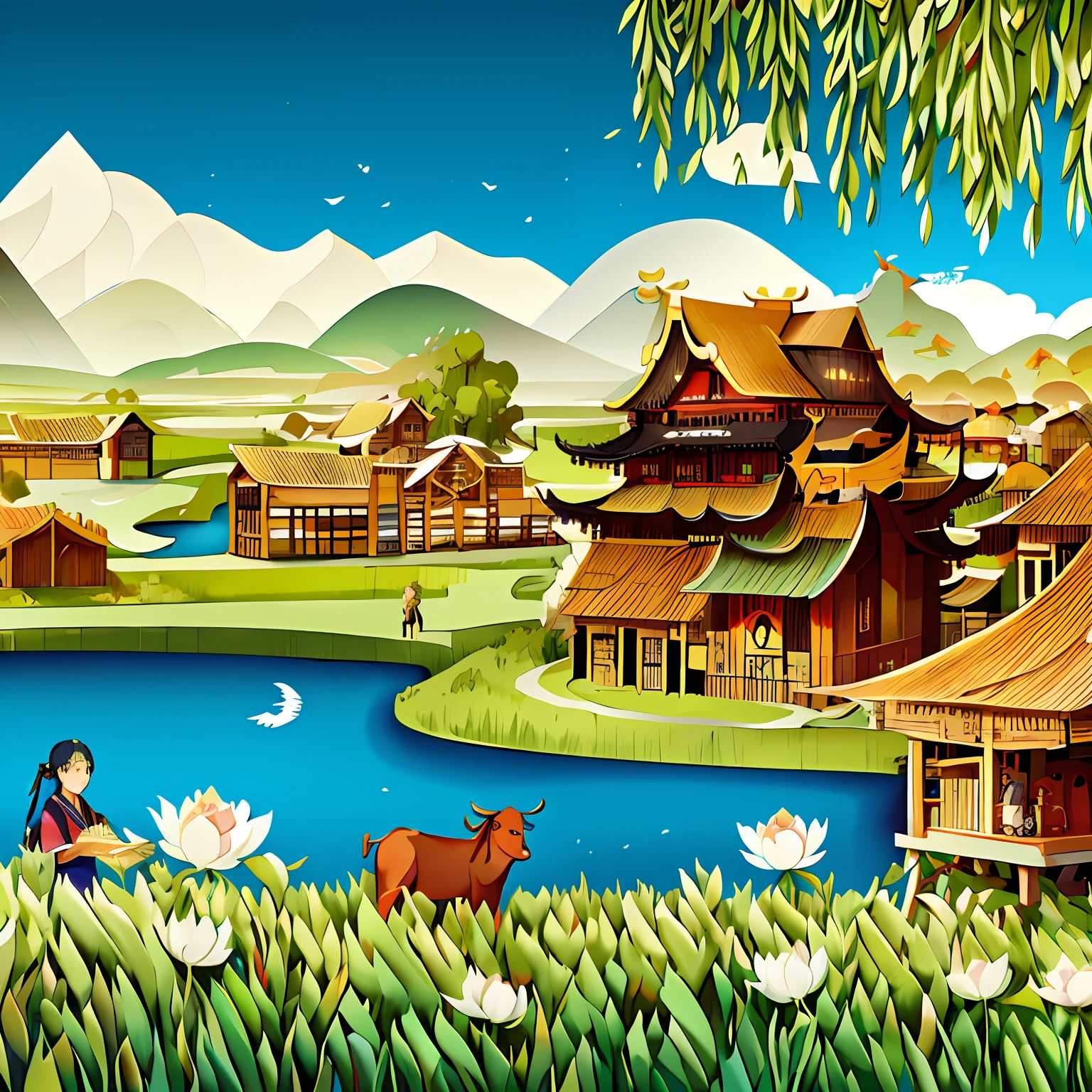 Illustration of a Chinese minority Turkish woman and a calf in a field near the village, Chinese village, old asian village, assam tea village background, A beautiful artwork illustration, artwork in style of sheng lam, author:Yu Zheding, Turkish village, scenery art detailed, landscape artwork, amazing wallpapers, Highly detailed illustration, author:Gao Kegong, author:Fu Miao, wallpaper hd