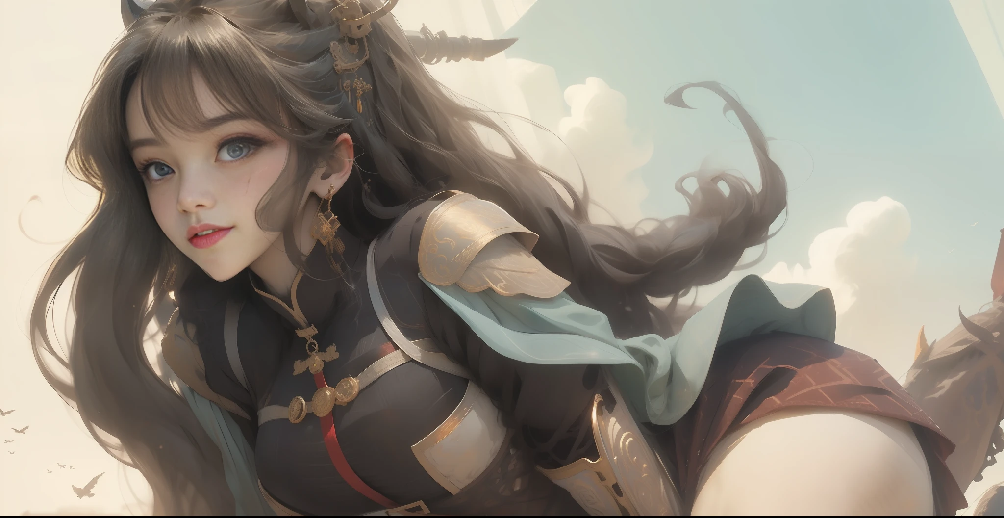 hair bobbles, Uma personagem feminina，a queen，queen，ride horse，Gemini，sagacious，clever，chariot，Wave Fang Xuan，combats，27years old，unfold，full bodyesbian，Pull the corner of the skirt to rotate, beautifullegs，long eyelasher, solid circle eyes, Metal hair accessories，Hairpins，Light smile, Ear blush,, shadowing, anaglyph, stereograms, angle of view，Atmospheric perspective, vast，ink and watercolor painting, Anime style, post impressionist, 8K, Super detail, ccurate, Best quality，Beautiful，long hair flowing，Ancient wind，Eau，Ancient wind，period costume，blue colors，Chinese big breasts，The background is vast，Floating shade of light blue，head gear，Be on one's high horse