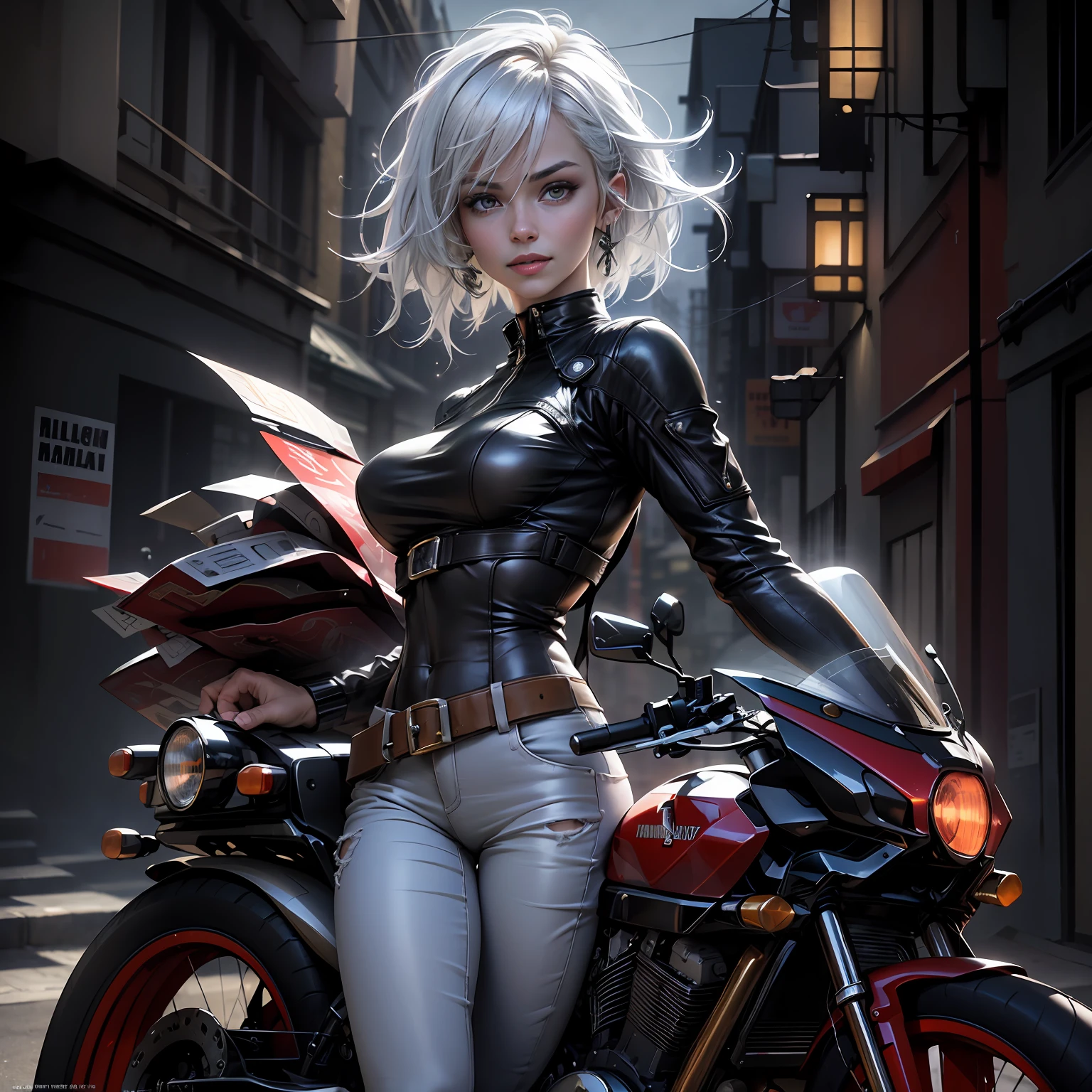 one-girl，short detailed hair，slanted bangs，whaite hair，white skinned，ssmile，Turn Back，good body，cyber punk perssonage，Riding a Harley motorcycle，high-class，Need，Rembrandt light --auto