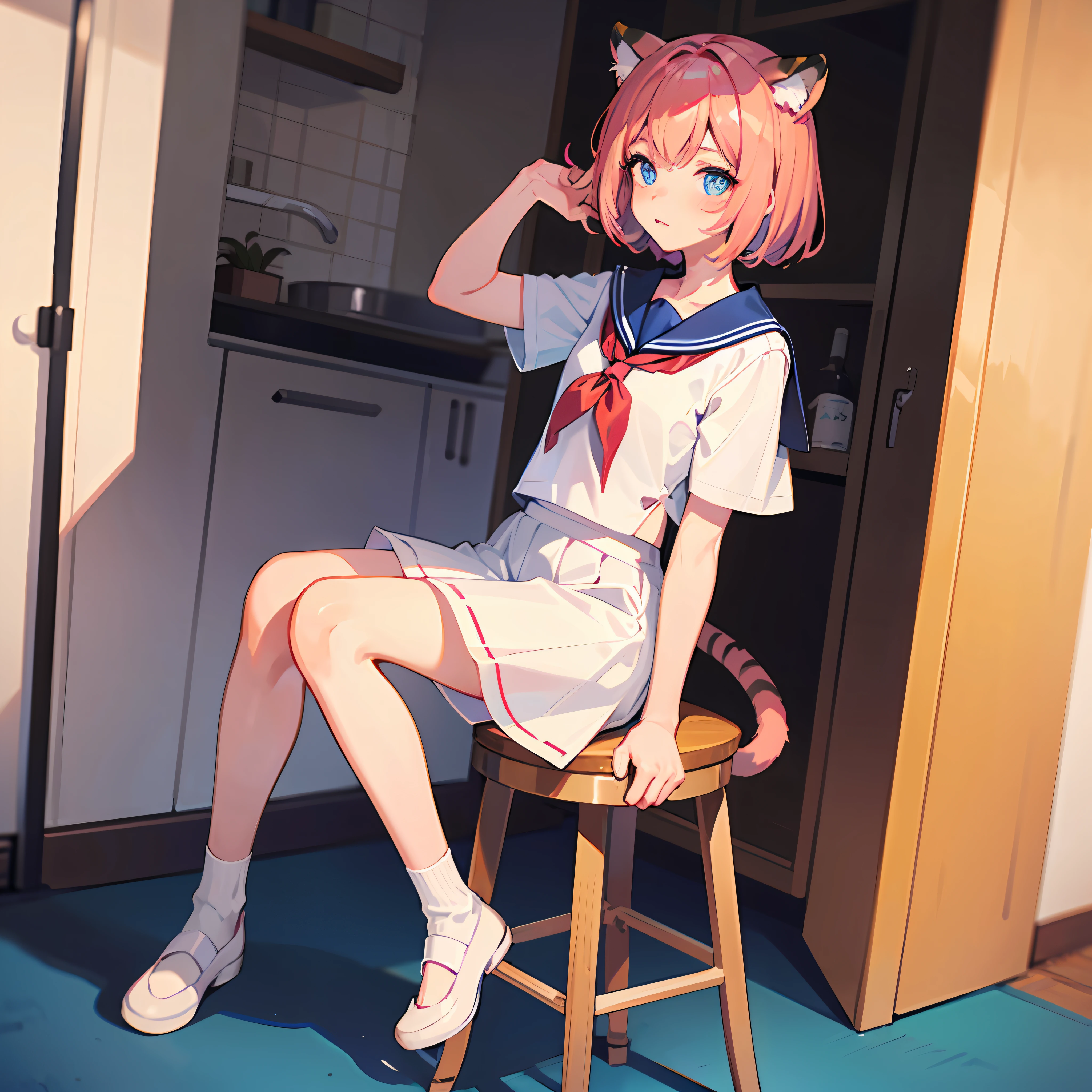 whaite hair,cat ear,a cat tail,Blushlush,eBlue eyes,Animated girl sitting on stool,a sailor suit,Tiger Tooth,Whole body diagram --auto