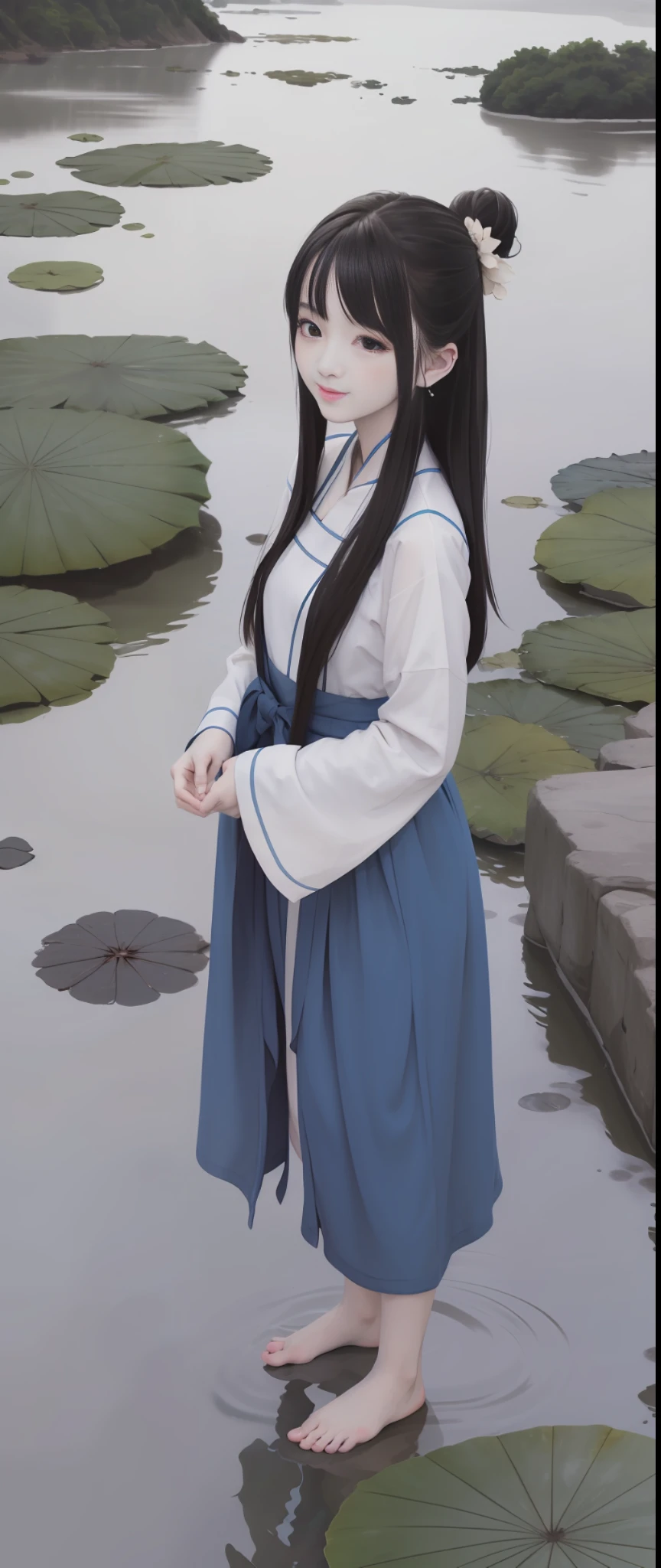 ((4k,masterpiece,best quality)), shuimobysim, traditional chinese ink painting, lotus, hanfu, maxiskit, dress conservatively 1girl, solo, long blue hair, smile, standing, feet in the water, barefoot,