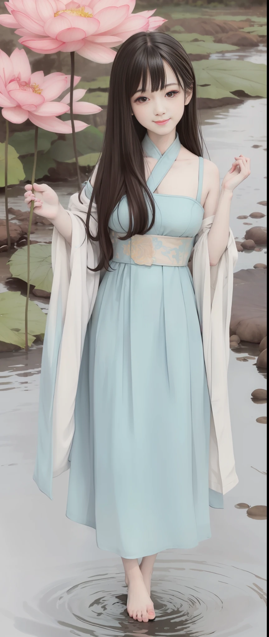 ((4k,masterpiece,best quality)), shuimobysim, traditional chinese ink painting, lotus, hanfu, maxiskit, dress conservatively 1girl, solo, long blue hair, smile, standing, feet in the water, barefoot,