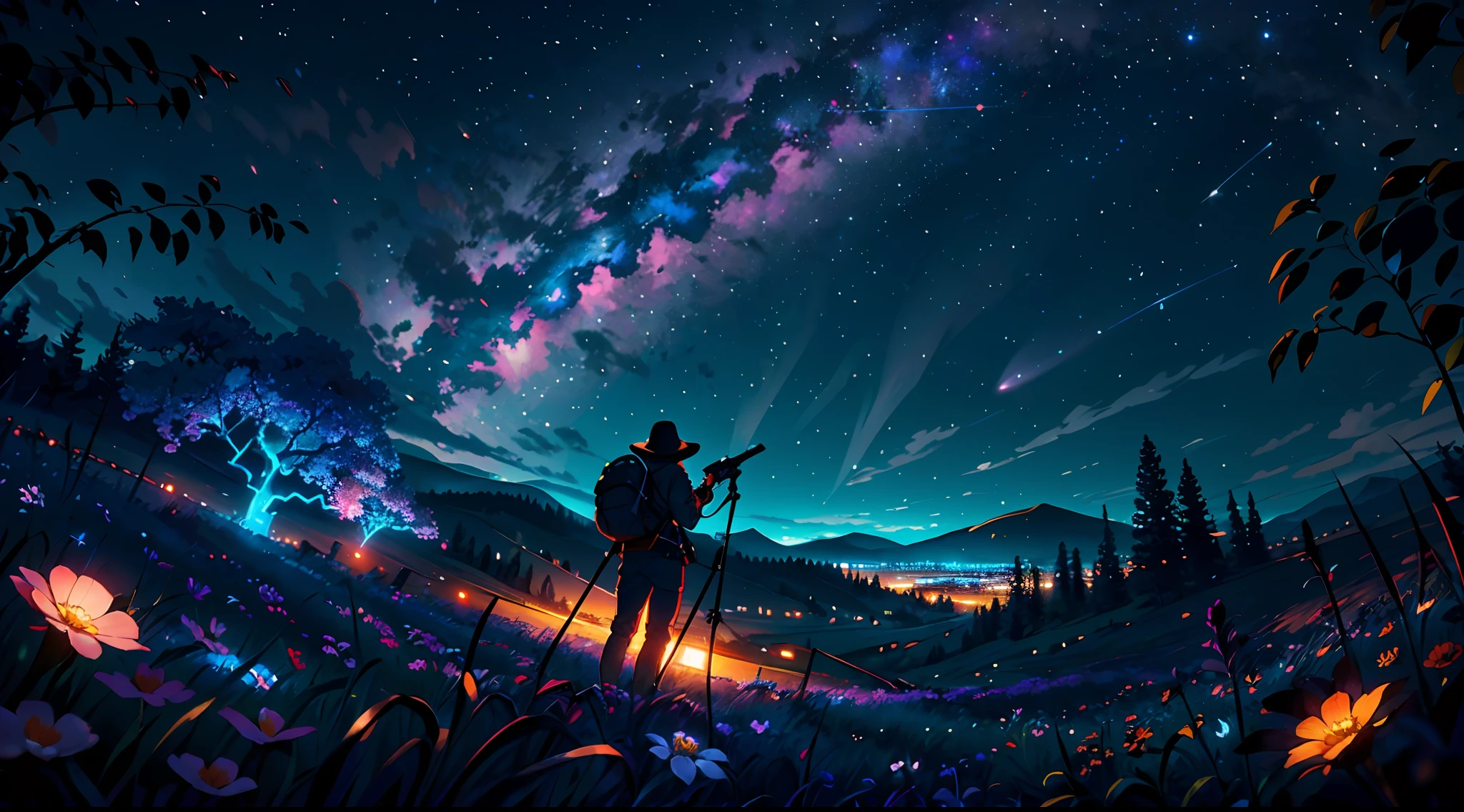Expansive landscape photograph, (view from below with a view of the sky and the wilderness below),  standing in a flower field looking up, (full moon: 1.2), (shooting star: 0.9), (nebula: 1.3), distant mountain, tree break production art, (warm light source: 1.2), (firefly: 1.2), lamp, purple and orange, intricate detail, volume lighting BREAK (masterpiece: 1.2), (highest quality ), 4k, ultra-detailed, (dynamic configuration: 1.4), highly detailed and colorful details (iridescent: 1.2), (sparkling lighting, atmospheric lighting), dreamy, magical, (solo: 1.2)