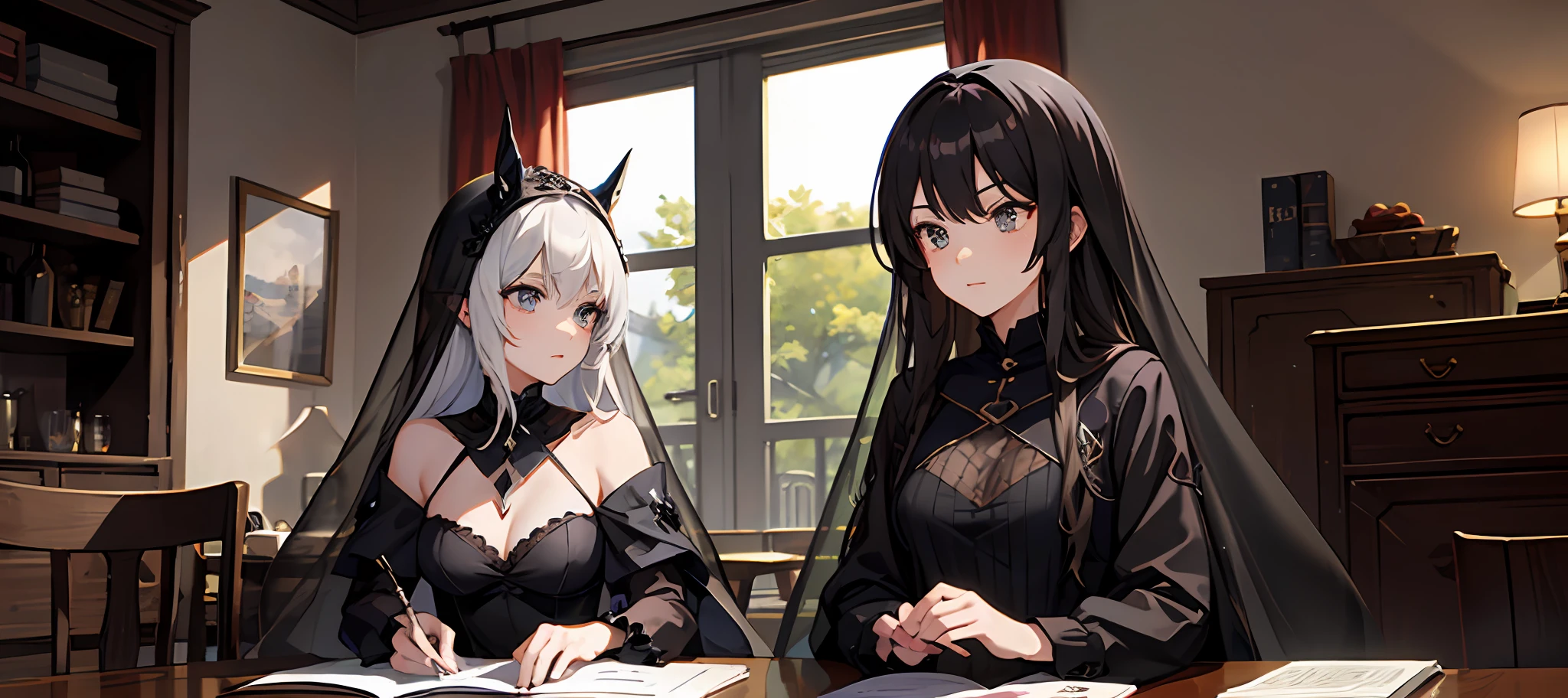 Anime comic style，8old girl，brunette color hair，sorceress woman，Wear a hat on the head，There is a black veil holding a glass bottle containing a black liquid，Calm and sane