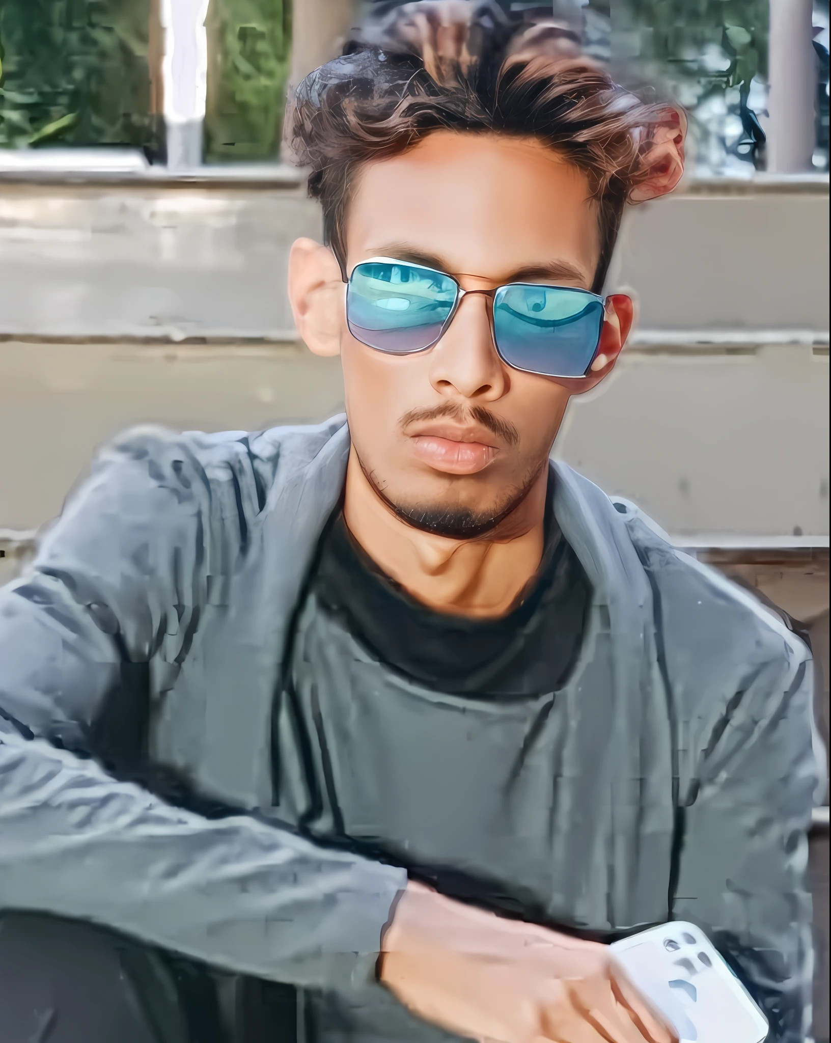 there is a man sitting on the steps with his cell phone, mohamed chahin style, riyahd cassiem, mohamed chahin, jayison devadas, with sunglass, ismail, headshot profile picture, with sunglasses, jayison devadas style, portait photo profile picture, * colour splash *, profile pic, edited in photoshop, coloured photo