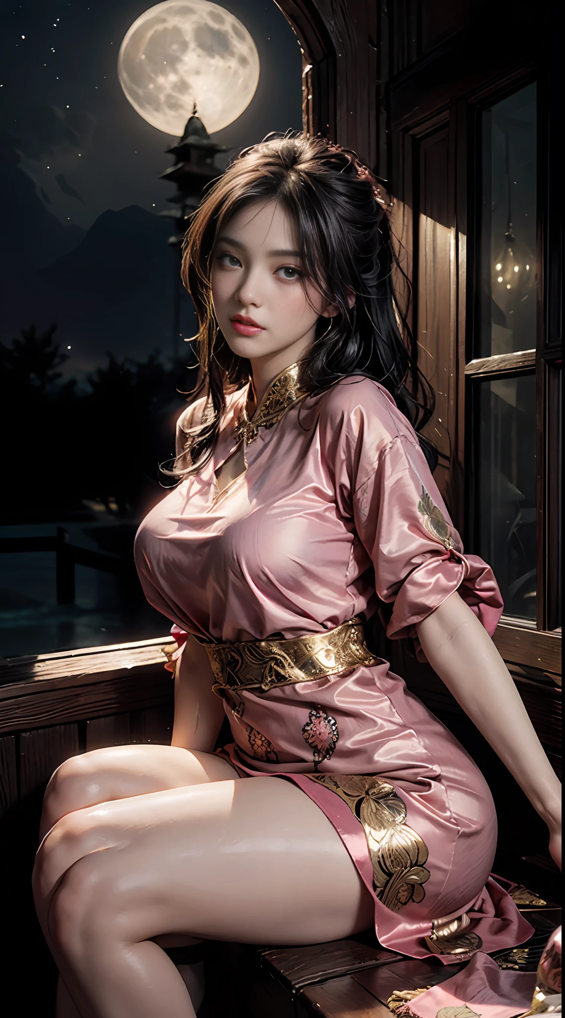 The art depicts a charming woman dressed in a flowing, silky traditional oriental dress, pink, decorated with intricate patterns and bright colors. Her dress drapes elegantly over her curvy figure, accentuating her seductive silhouette. She stood gracefully in the quiet moonlit night, bathed in the soft glow of the moonlight. The scene exudes an ethereal and dreamy atmosphere, with a touch of mystery and sexiness. The graphic style blends watercolor and digital illustration techniques to evoke a refined beauty and charm. The lights are filled with soft moonlight, casting soft highlights and shadows on her charming features. Bare thighs, big breasts, three-dimensional facial features, sitting, upturned legs, clear eyes