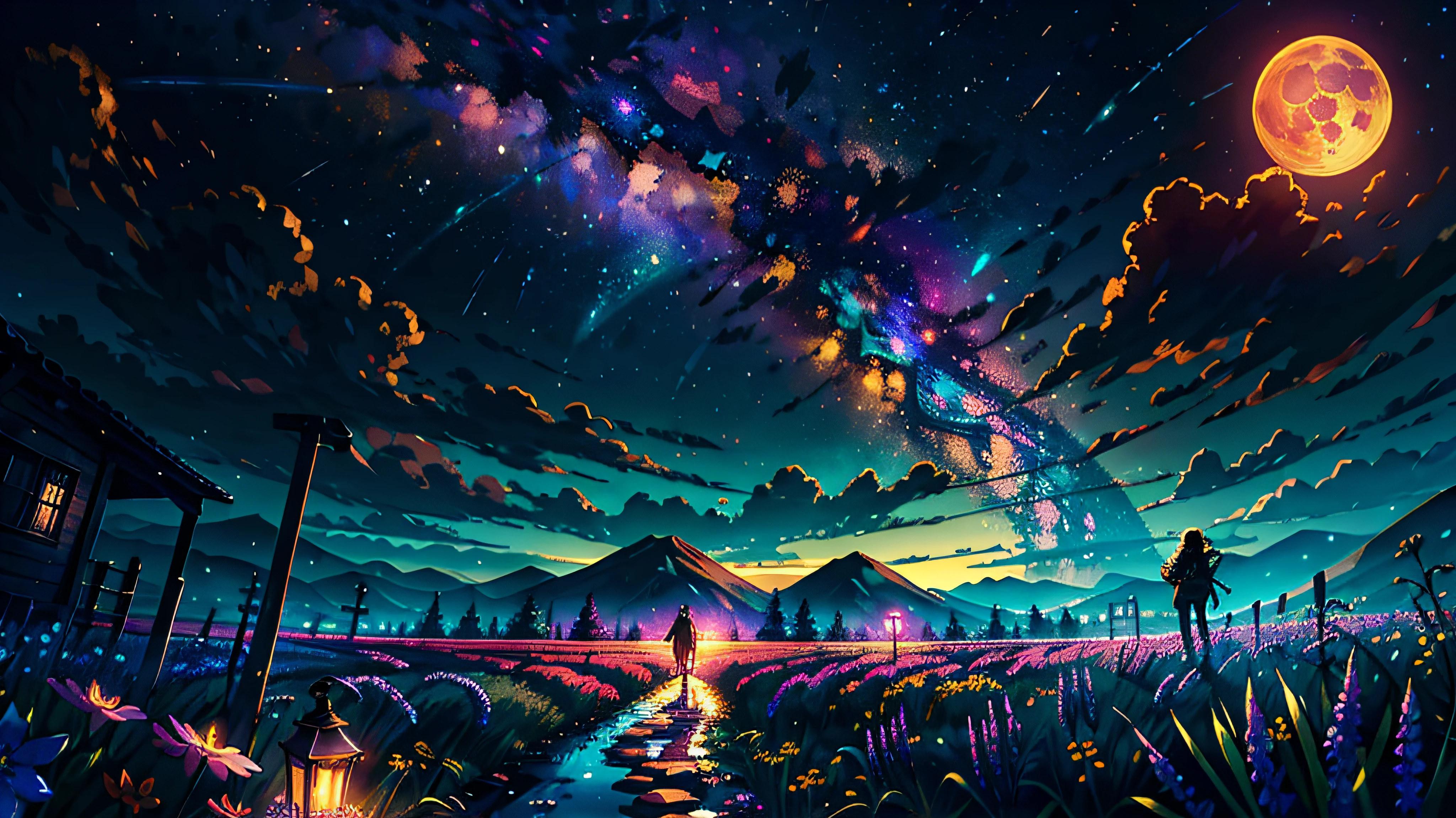 Expansive landscape photograph, (view from below with a view of the sky and the wilderness below), little girl standing in a flower field looking up, (full moon: 1.2), (shooting star: 0.9), (nebula: 1.3), distant mountain, tree break production art, (warm light source: 1.2), (firefly: 1.2), lamp, purple and orange, intricate detail, volume lighting BREAK (masterpiece: 1.2), (highest quality ), 4k, ultra-detailed, (dynamic configuration: 1.4), highly detailed and colorful details (iridescent: 1.2), (sparkling lighting, atmospheric lighting), dreamy, magical, (solo: 1.2)
