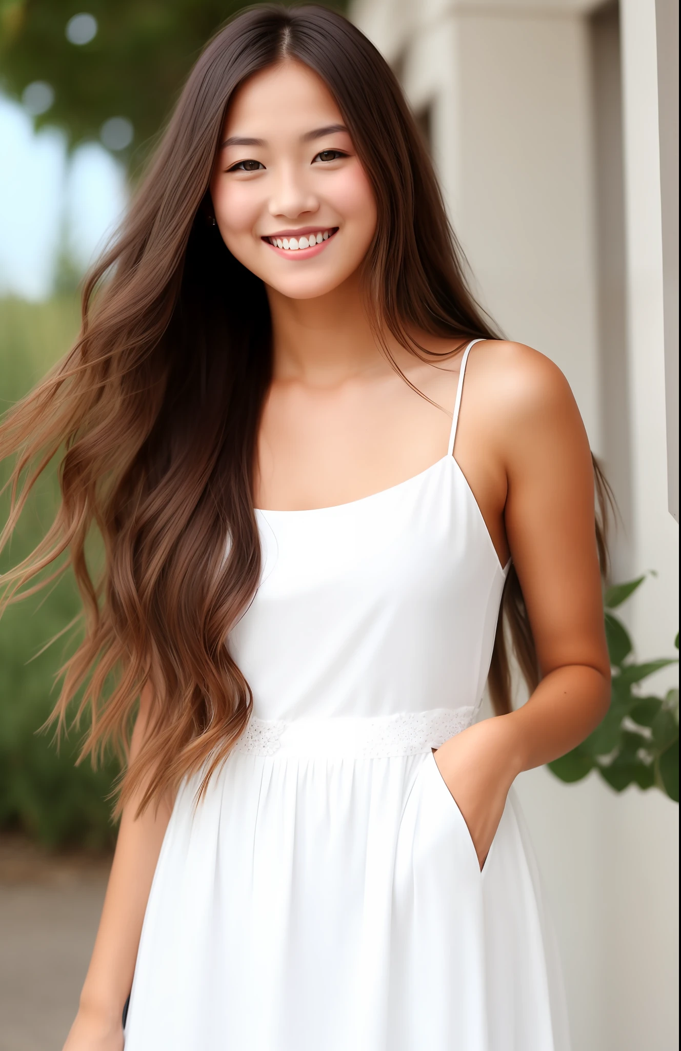 Wearing a white dress,Long hair with a smile,girl with fair skin
