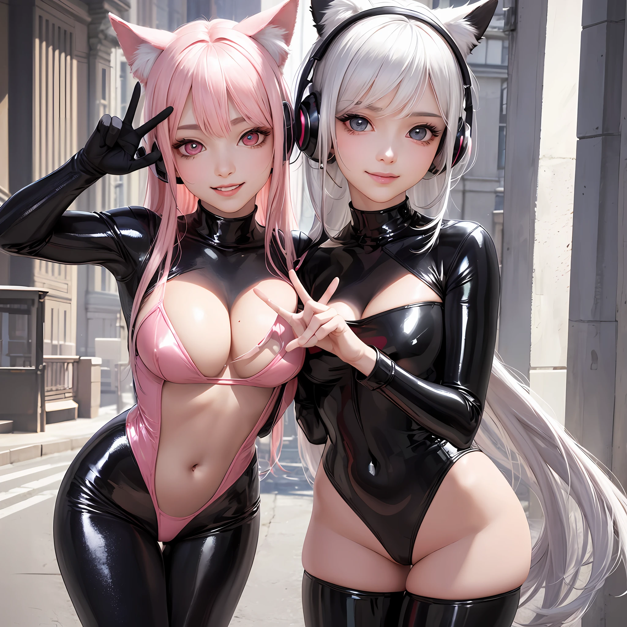 best quality, ultra high res, (photorealistic:1.4),masterpiece,1girl, Kpop idol,(aegyo sal:1.0),puffy eyes,(City of ruins),alice \(nikke\),(pink bodysuit),((animal ear headphones)),(shiny clothes),twintails,(latex bodysuit),(rubber suit),shoes,(cleavage),(slender),((white hair)),(silver hair),(gray hair),((red pupil)),(looking at viewer),(smile),(long hair),nsfw,depth of field,detail face, shiny skin, nice detailed eyes, heavy eye makeup, slim waist, blush, detailed eye makeup,perfect anatomy,(pureerosface_v1:0.55),((pink coloured contacts)),(Giving the peace sign on both hands),V-sign,make a peace sign, --auto